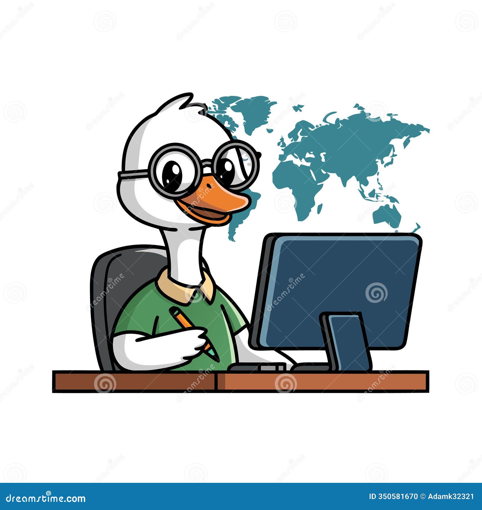 cartoon duck in glasses working at computer with world map background