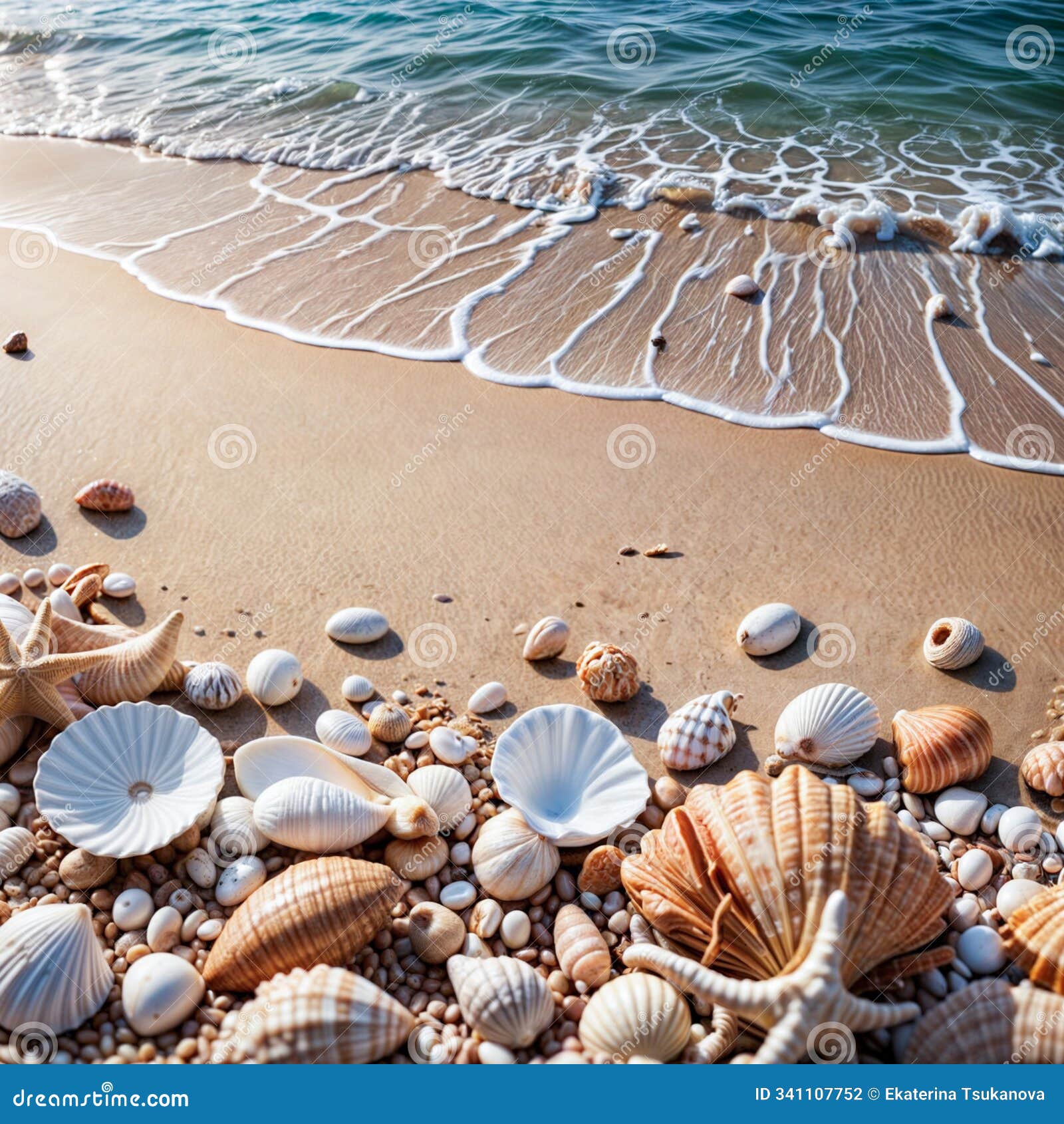 this image features a collection of seashells scattered across soft, golden sand near the edge of the ocean.