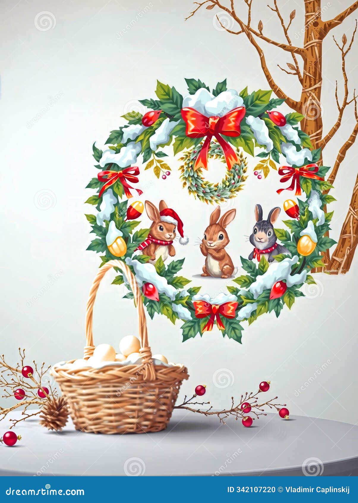 the image features a festive christmas wreath with rabbits and a basket of eggs, set against a white background with a