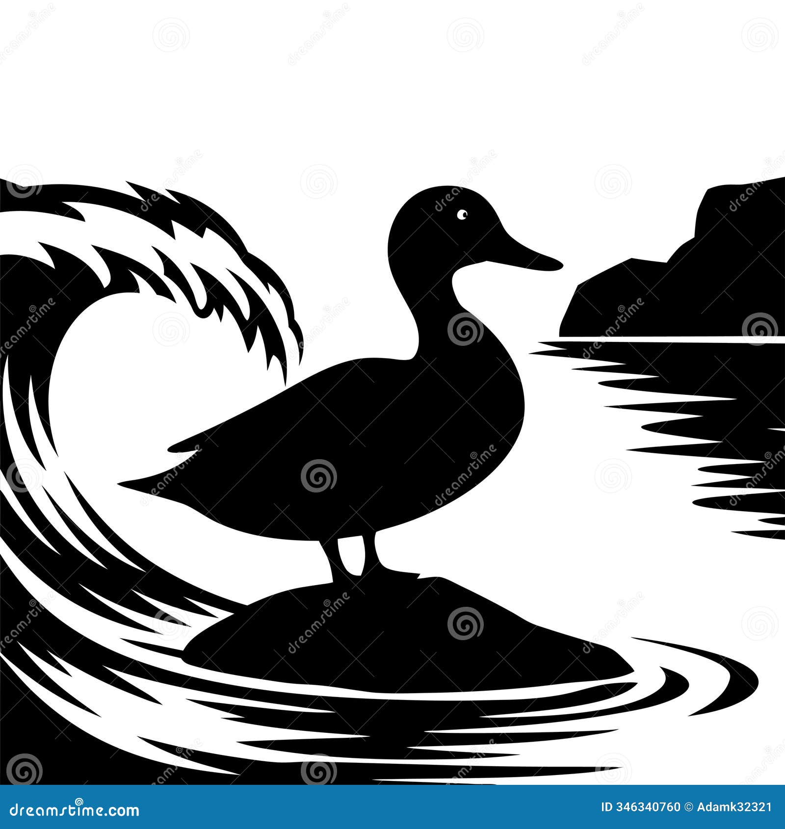  silhouette of duck on river rock with flowing water waves