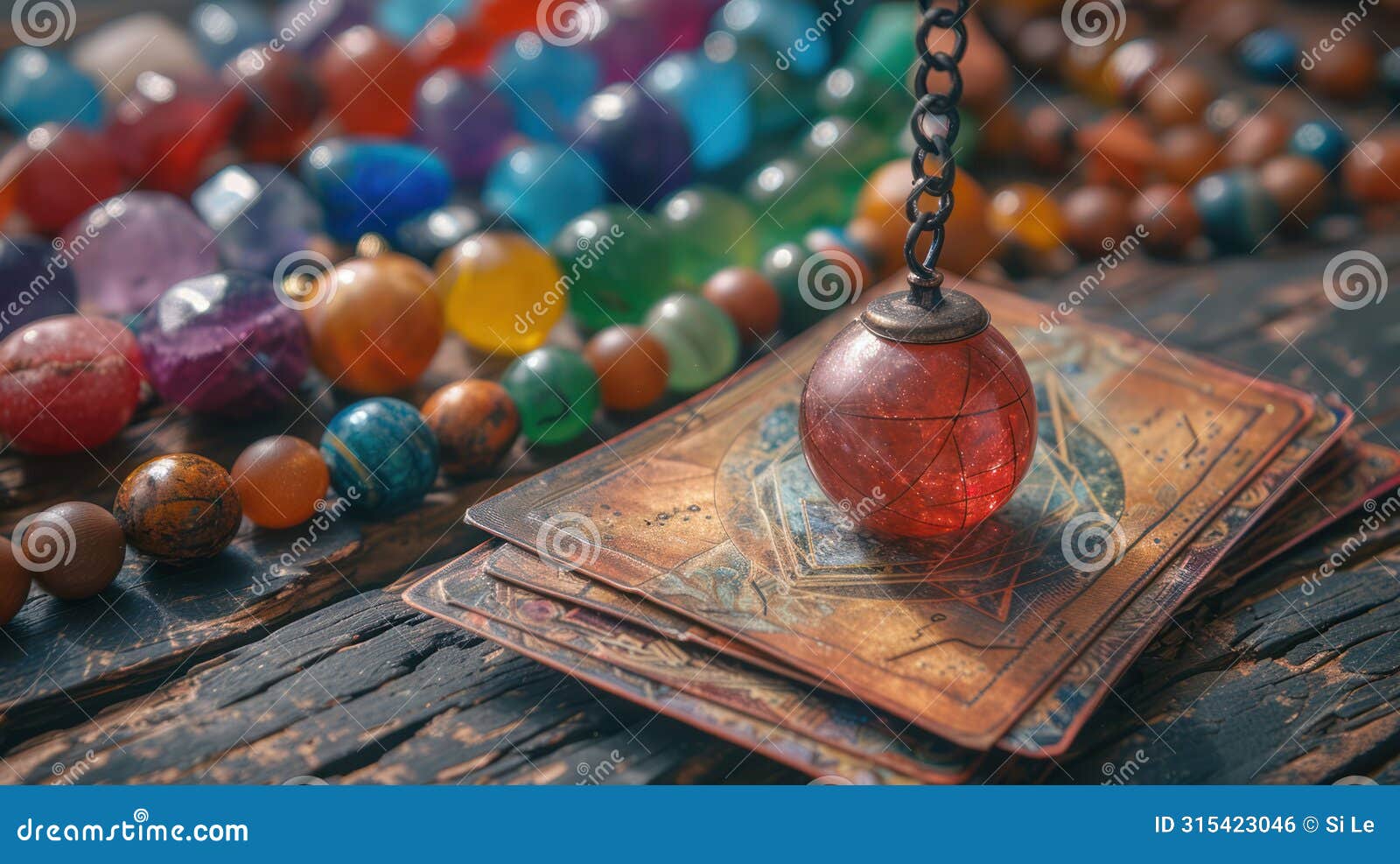mystical altar with tarot pendulum, defocused cards, and chakra stones for cartomancy and spiritual readings
