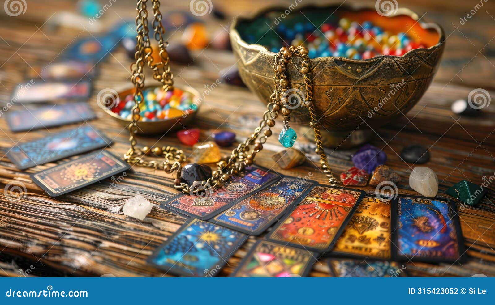 magical altar with tarot pendulum, cartomancy, chakra stones, and defocused cards
