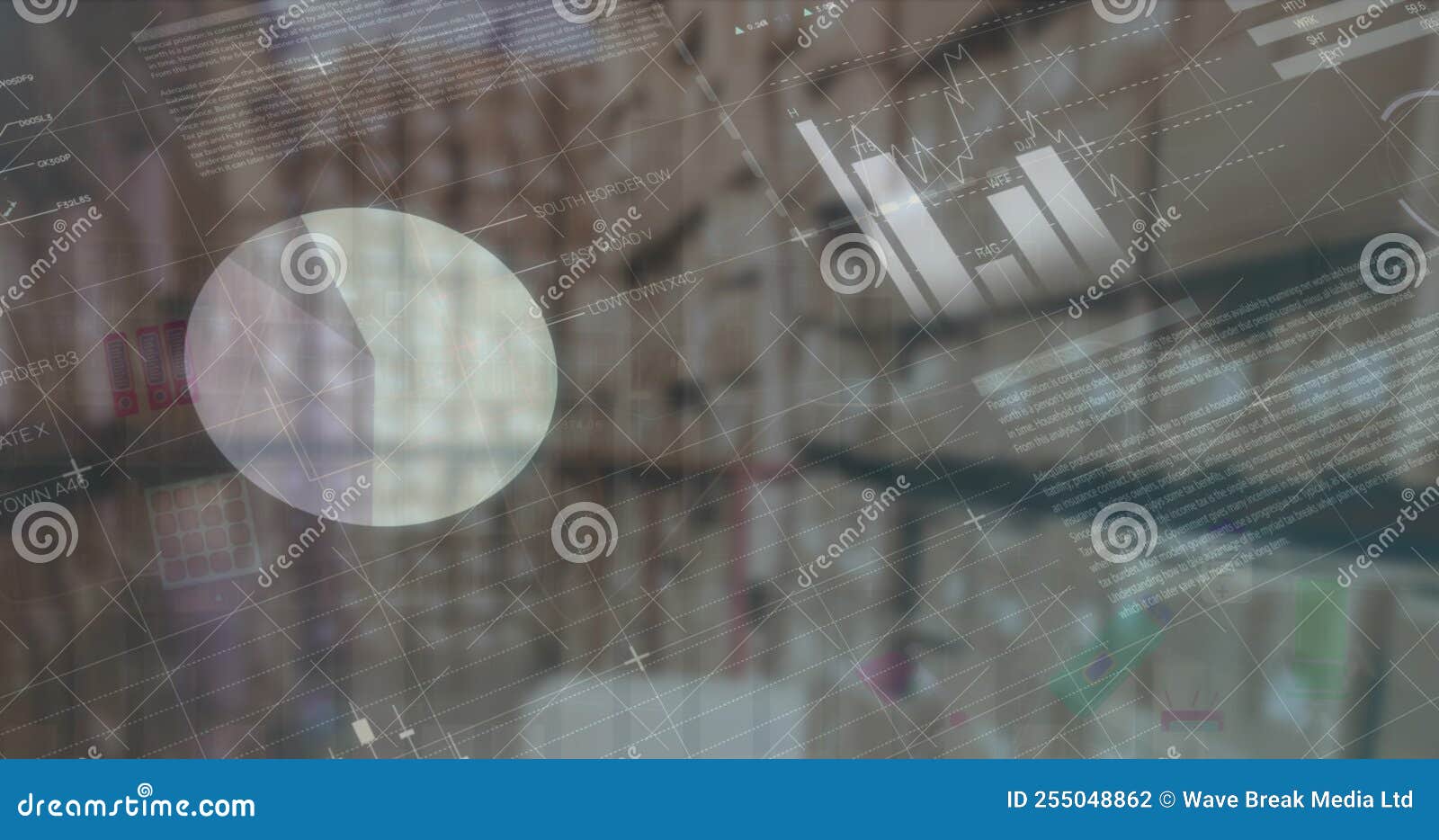 Image of Financial Data and Graphs Over Packages in Warehouse Stock