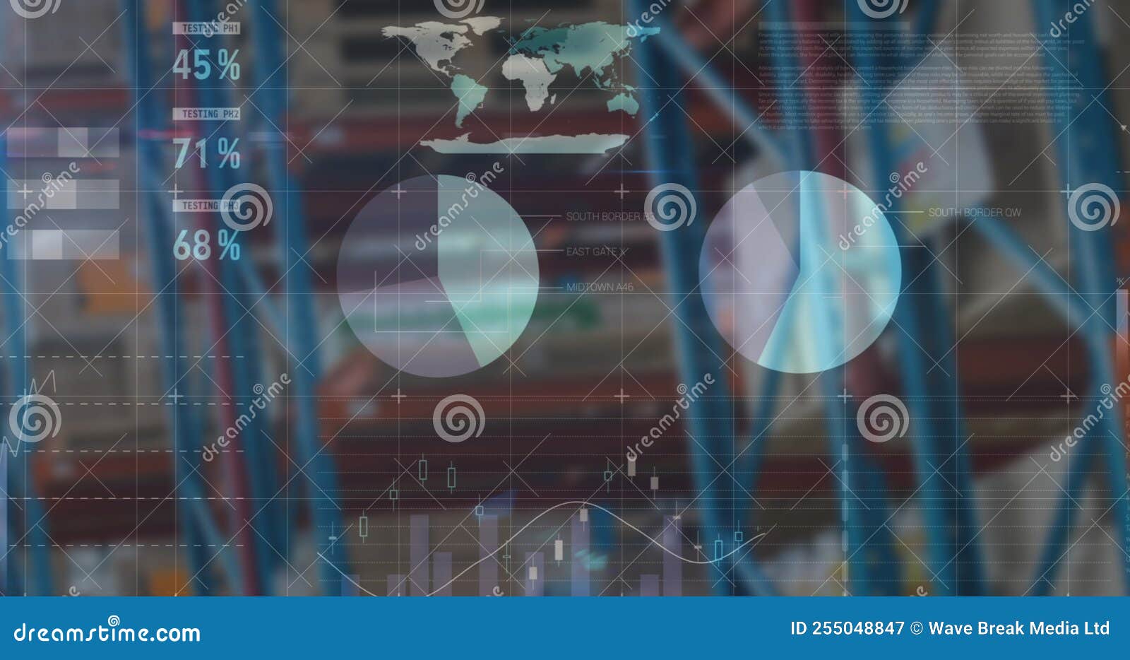 Image of Financial Data and Graphs Over Warehouse Stock Image Image