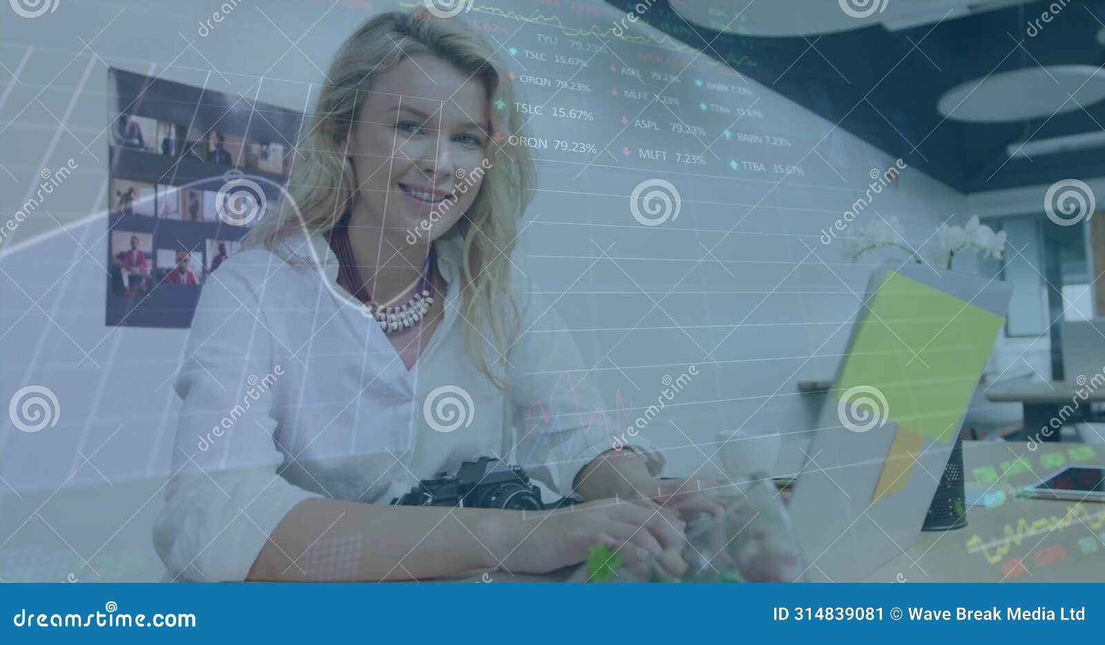image of financial data processing over caucasian businesswoman in office