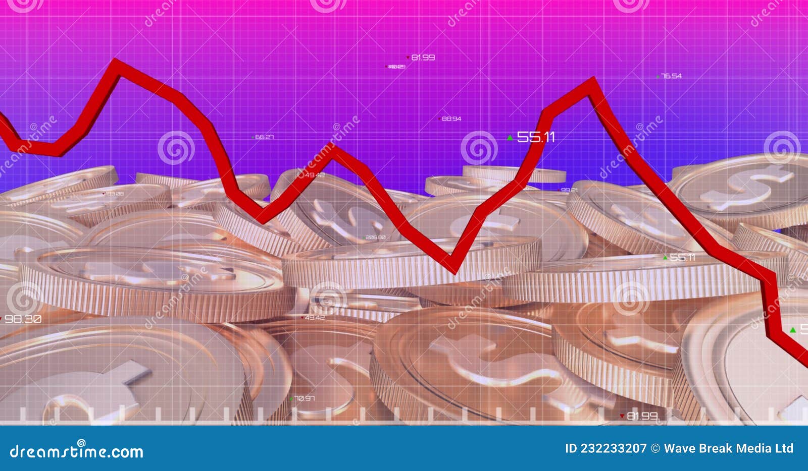 image of financial data processing over gold coins