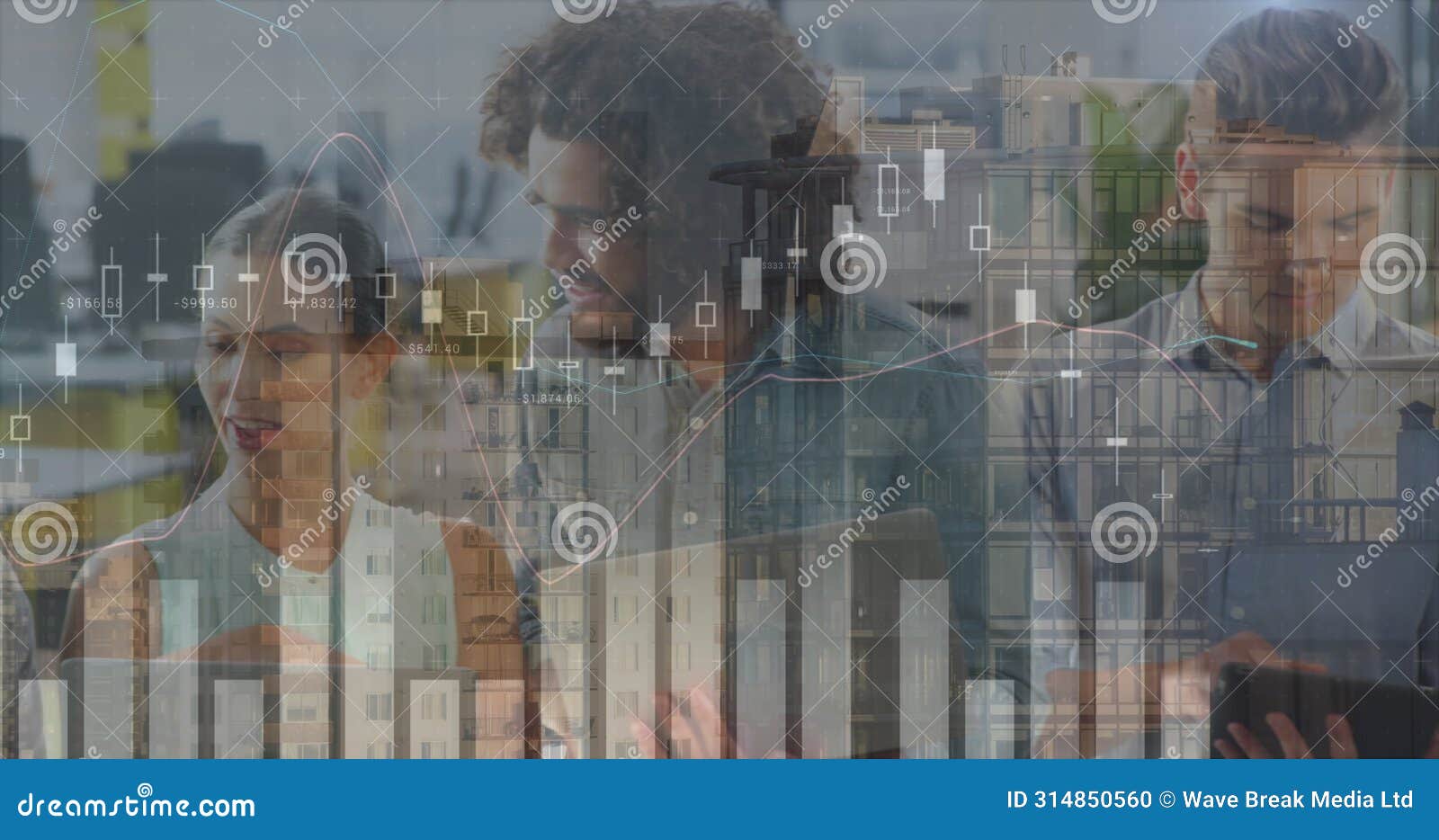 image of financial graphs, data and cityscape over diverse businesspeople talking in office