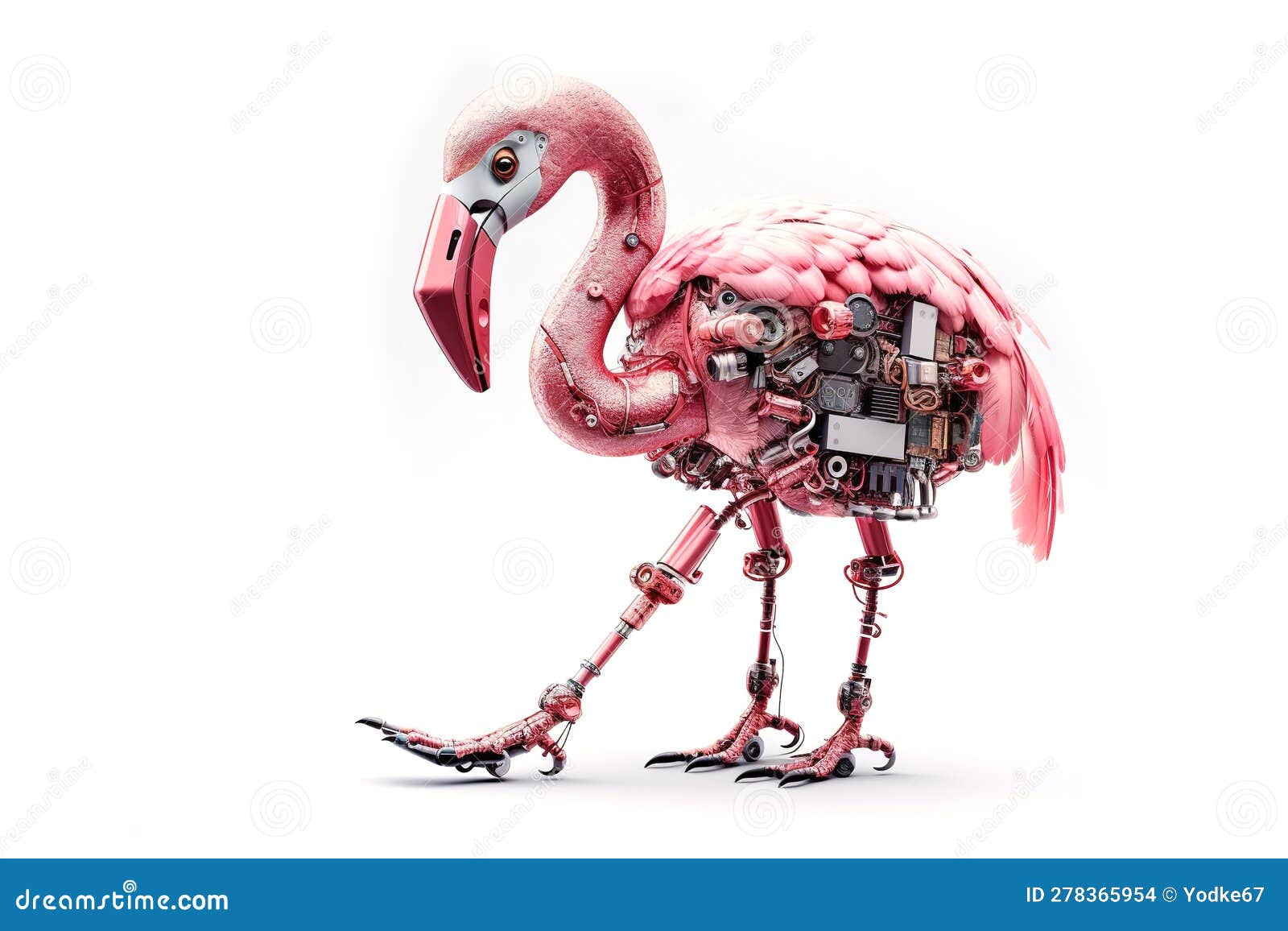 A Flamingo Modified into an Electronics Robot on a White Background