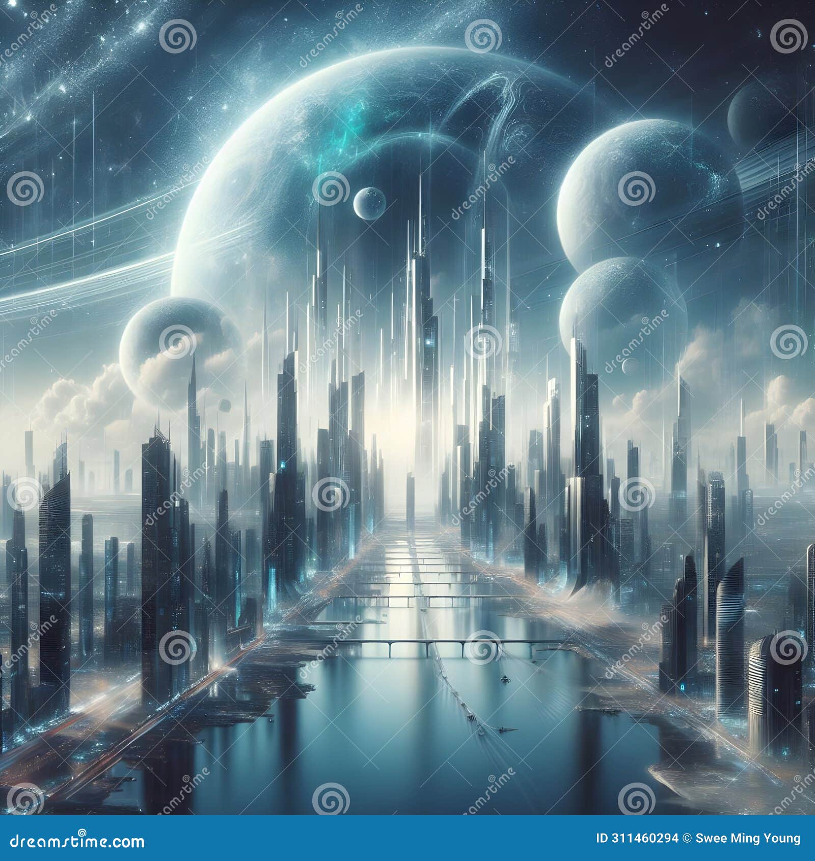 image of futuristic skyscraper, in the style of surrealistic foggy dark cyan alien worlds scene.