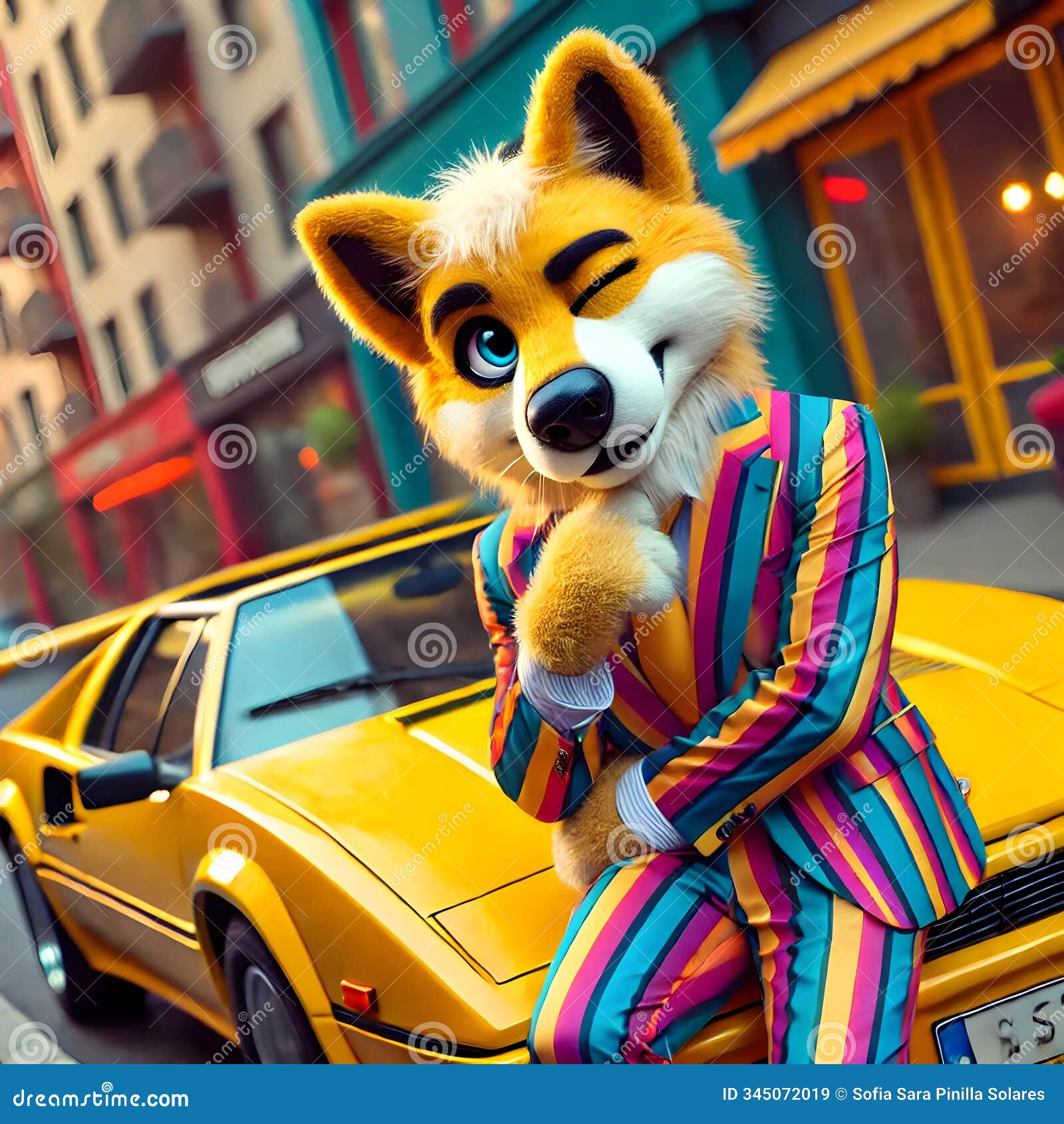 anthropomorphic dog in 80s style suit winking while leaning on yellow sports car
