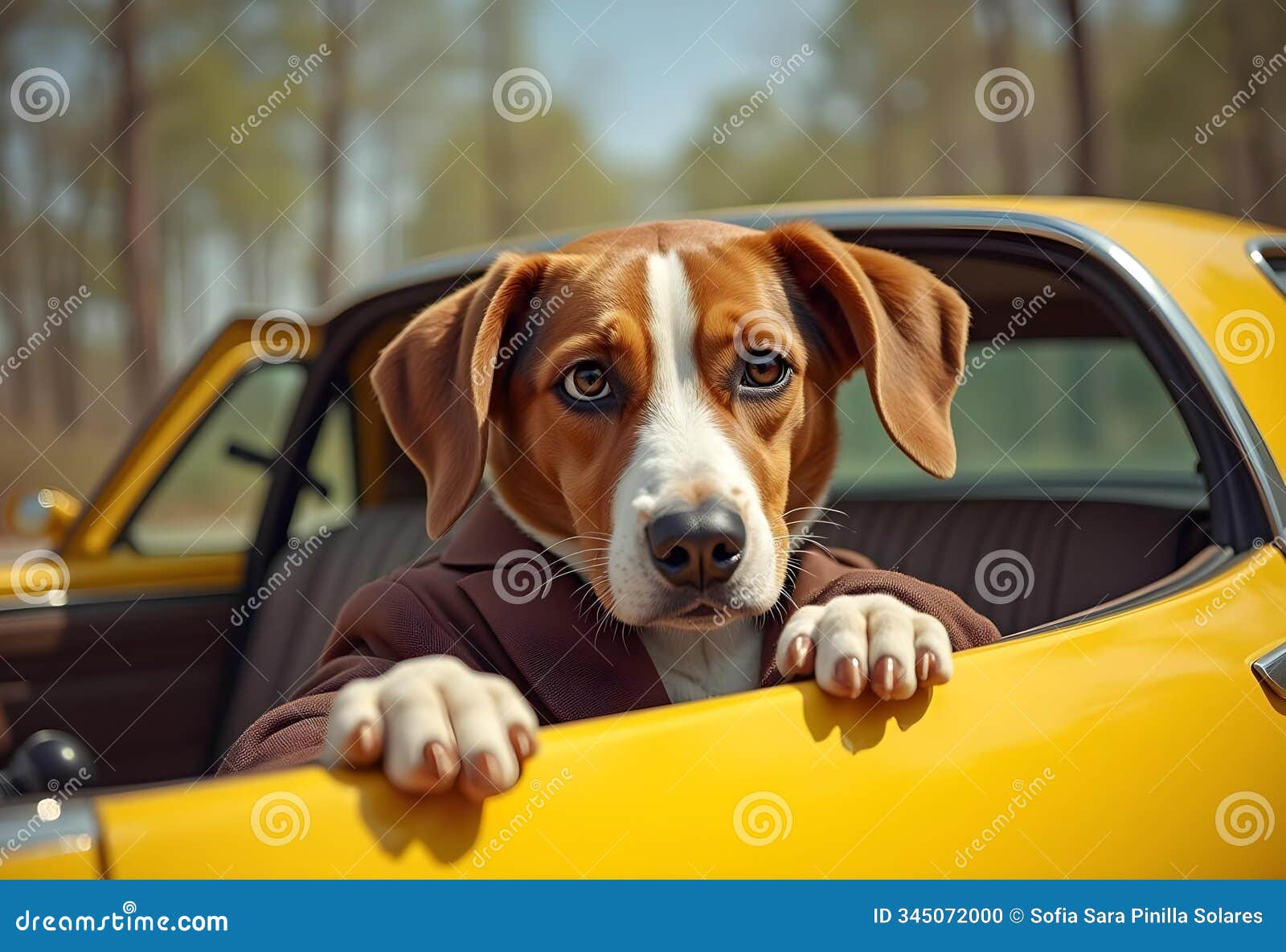 happy dog beagle in a yellow sports car 80s 90s vibe with a purebred dog in a brown suit