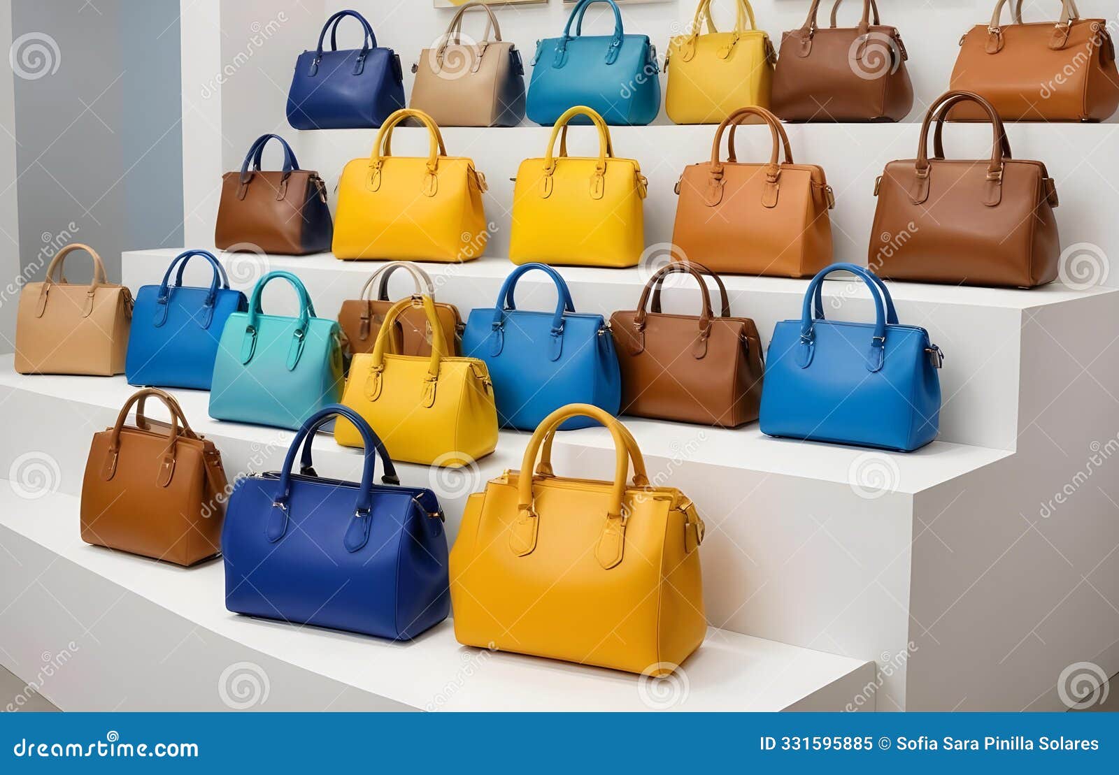 colorful leather handbags in blue, yellow, brown, and beige with framed artwo