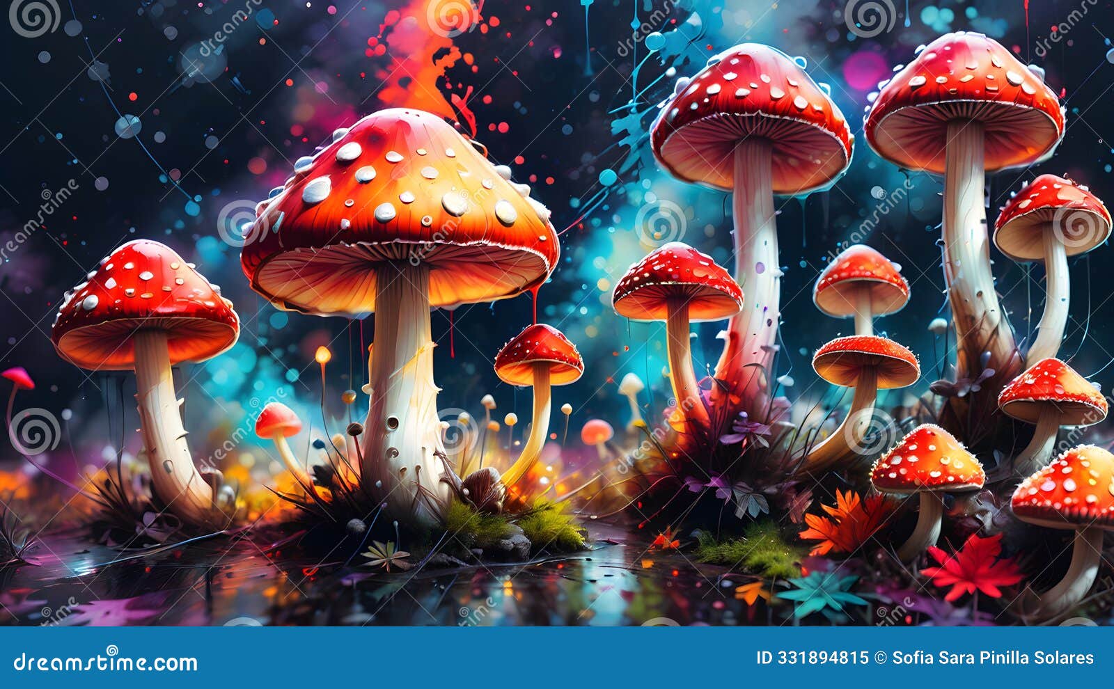 enchanting fantasy scene with fly-agaric mushrooms and paint splashes
