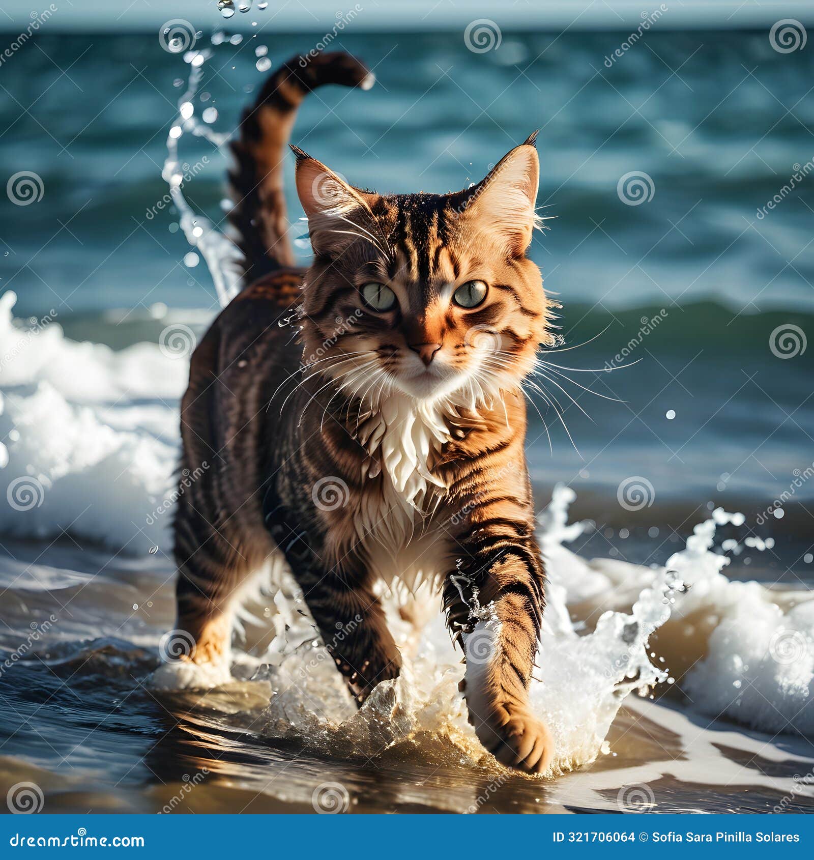 oceanic tabby: cat splashing in the sea