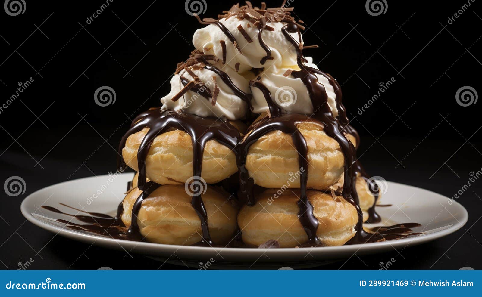 A Photo of a Tower of Cream Puffs with a Drizzle of Chocolate Stock
