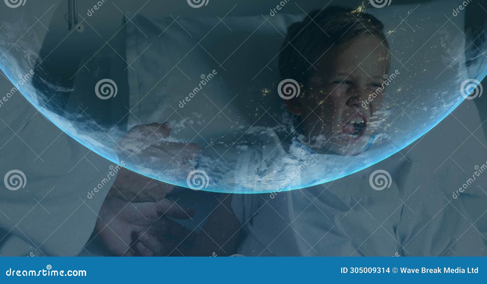 image of globe with boy being vaccined and screaming