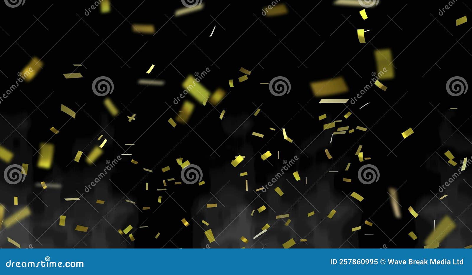 Image of Gold Confetti Floating Over Black Background Stock