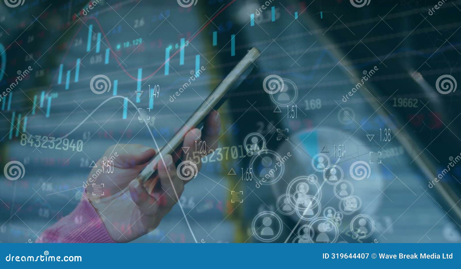 image of graphs, loading circles and trading board, caucasian woman scrolling on cellphone