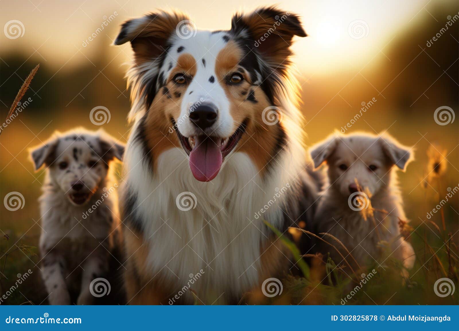 image group of aussie dogs, mom with puppies, playing in meadow