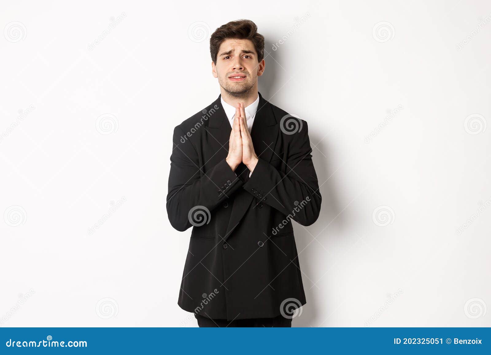 Image of Handsome Businessman in Suit Need Help, Begging You, Holding ...