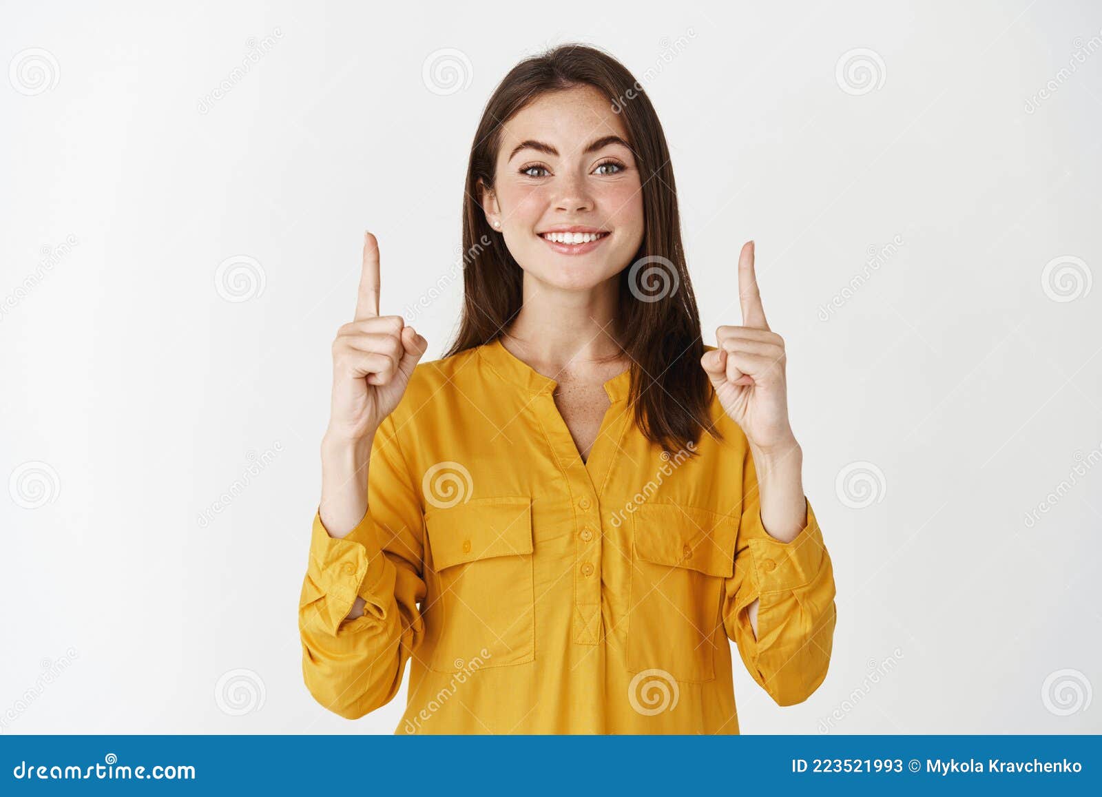 Image of Happy and Confident Woman Showing Her Choice, Pointing Fingers ...