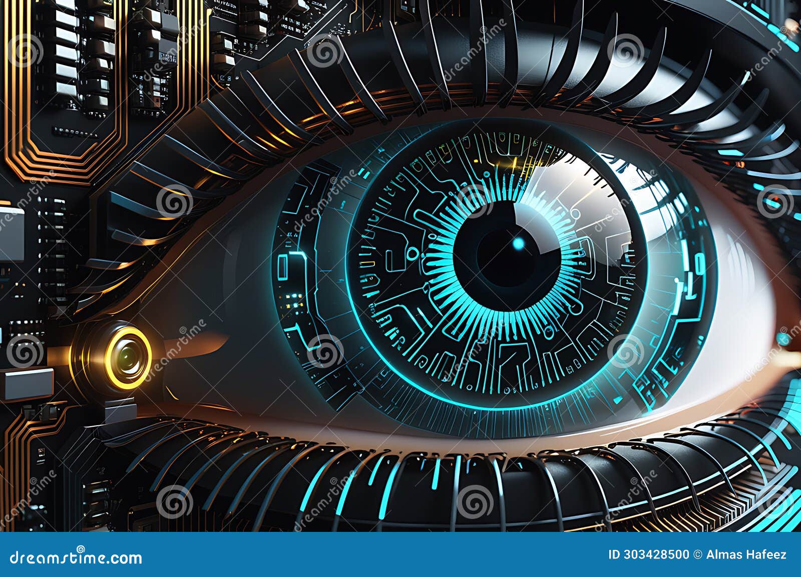 techno gaze: close-up  of a cybernetic eye infused with advanced technology, capturing futuristic 