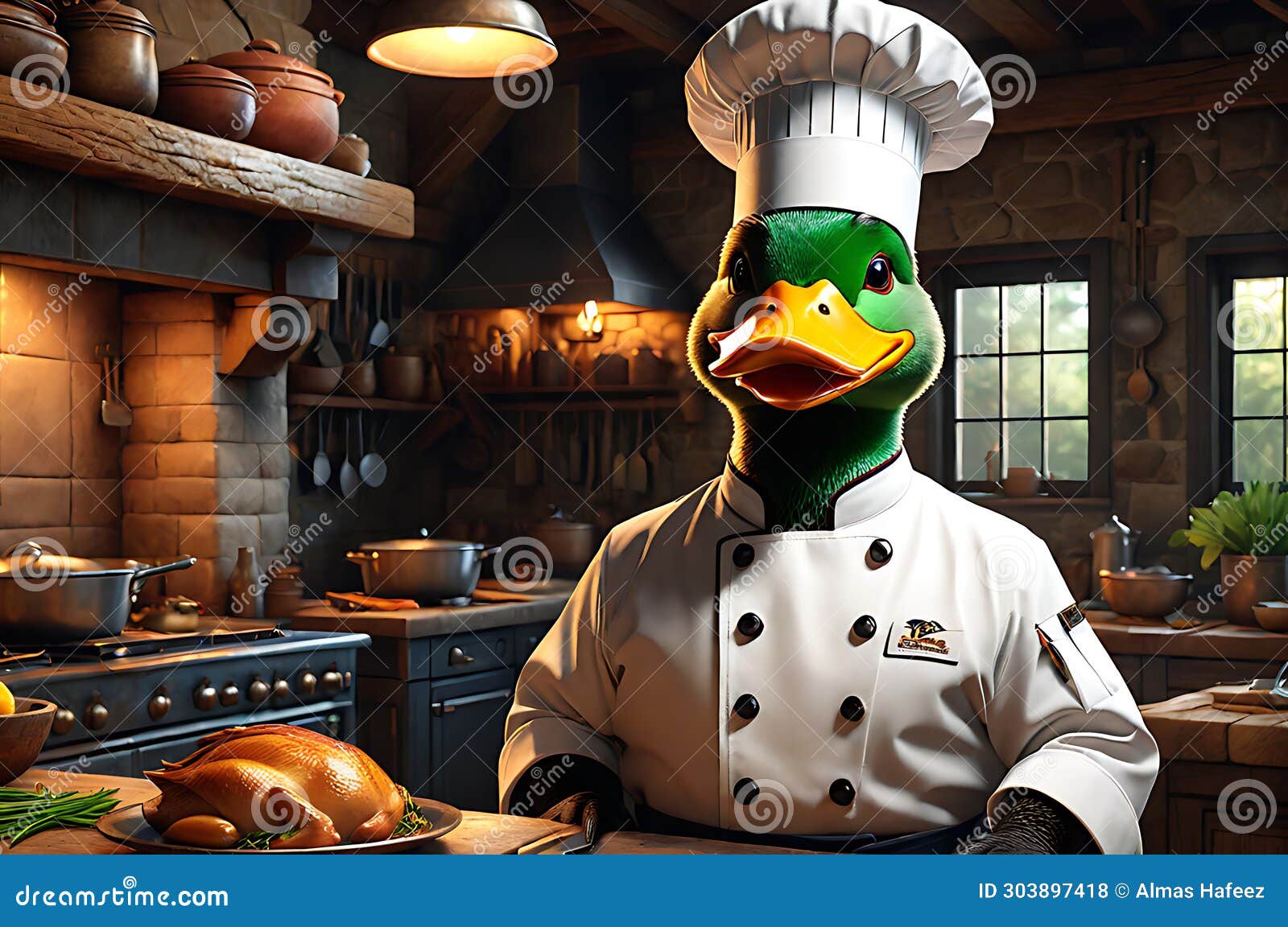 quirky culinary maestro: duck adorned in tailored chef uniform, poised in rustic kitchen ambiance, crafting culinary delights
