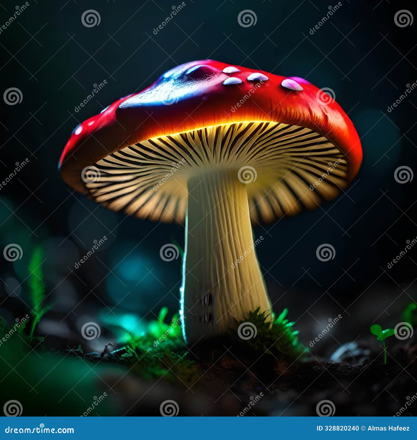 a cute little mushroom glowing in the dark jungle with a touch of fantasy and horror creating a heart touching abstract scene