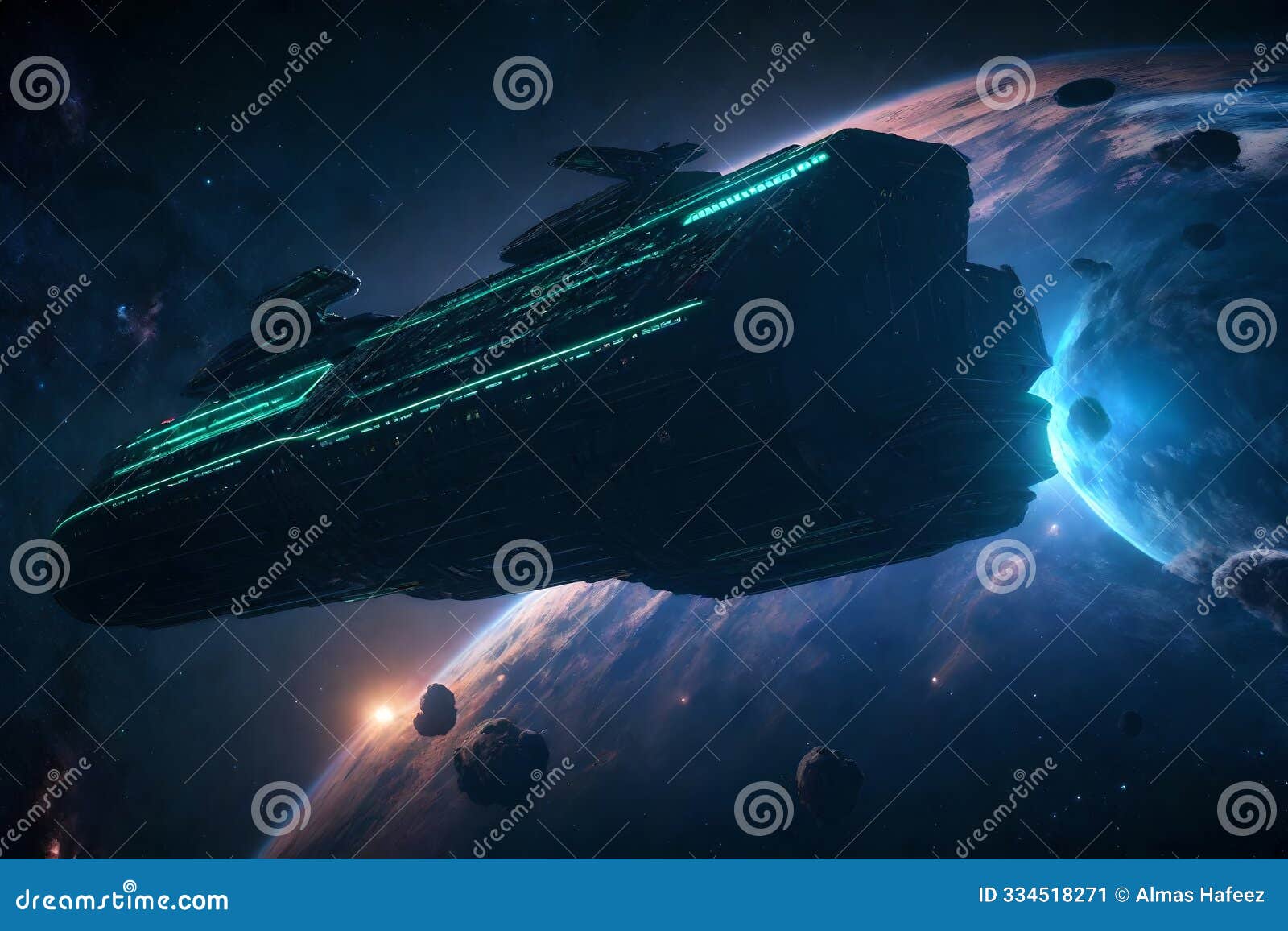 futuristic 3d-rendered spaceship glowing with neon colors in the depths of space