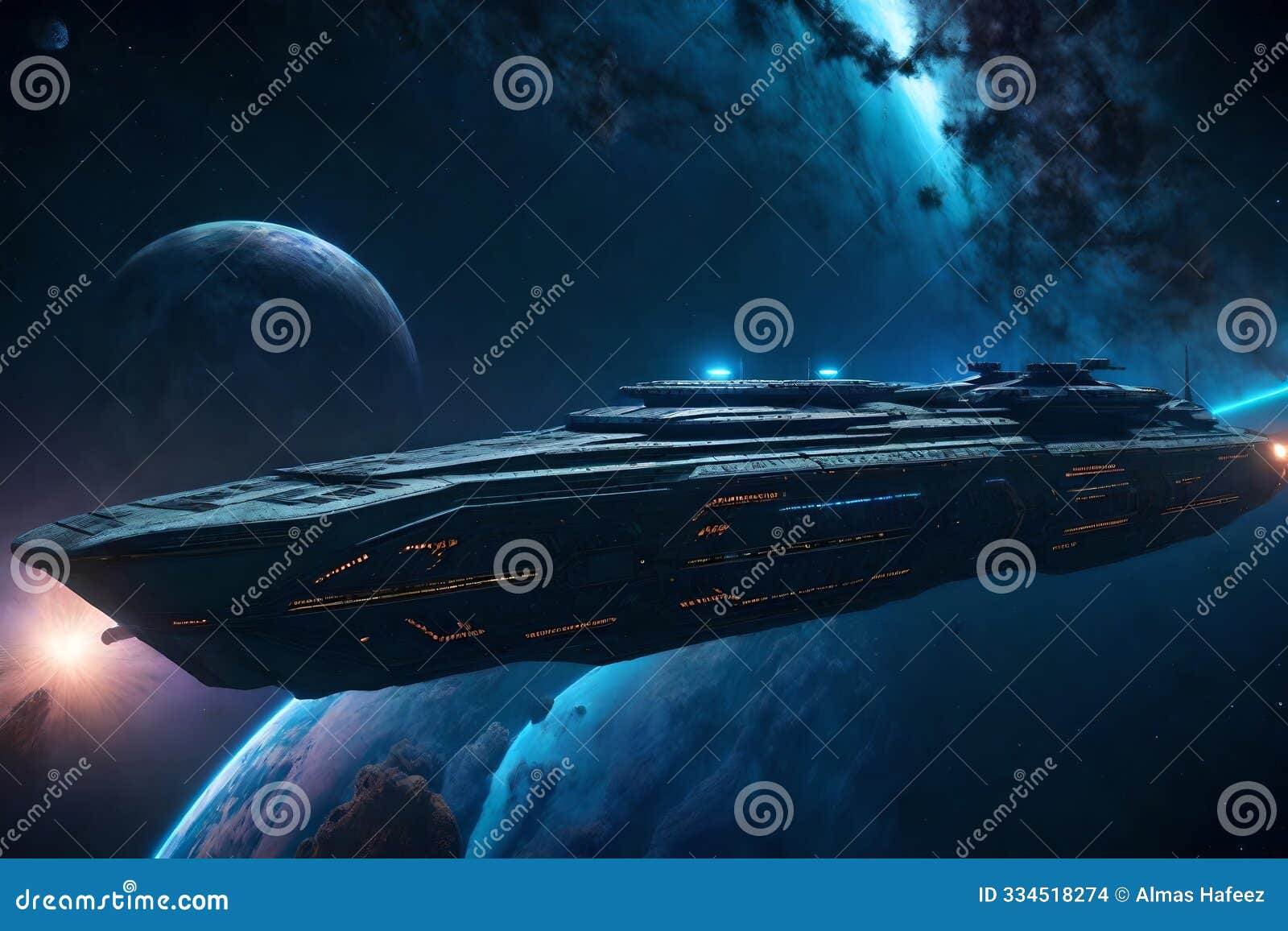 futuristic 3d-rendered spaceship glowing with neon colors in the depths of space