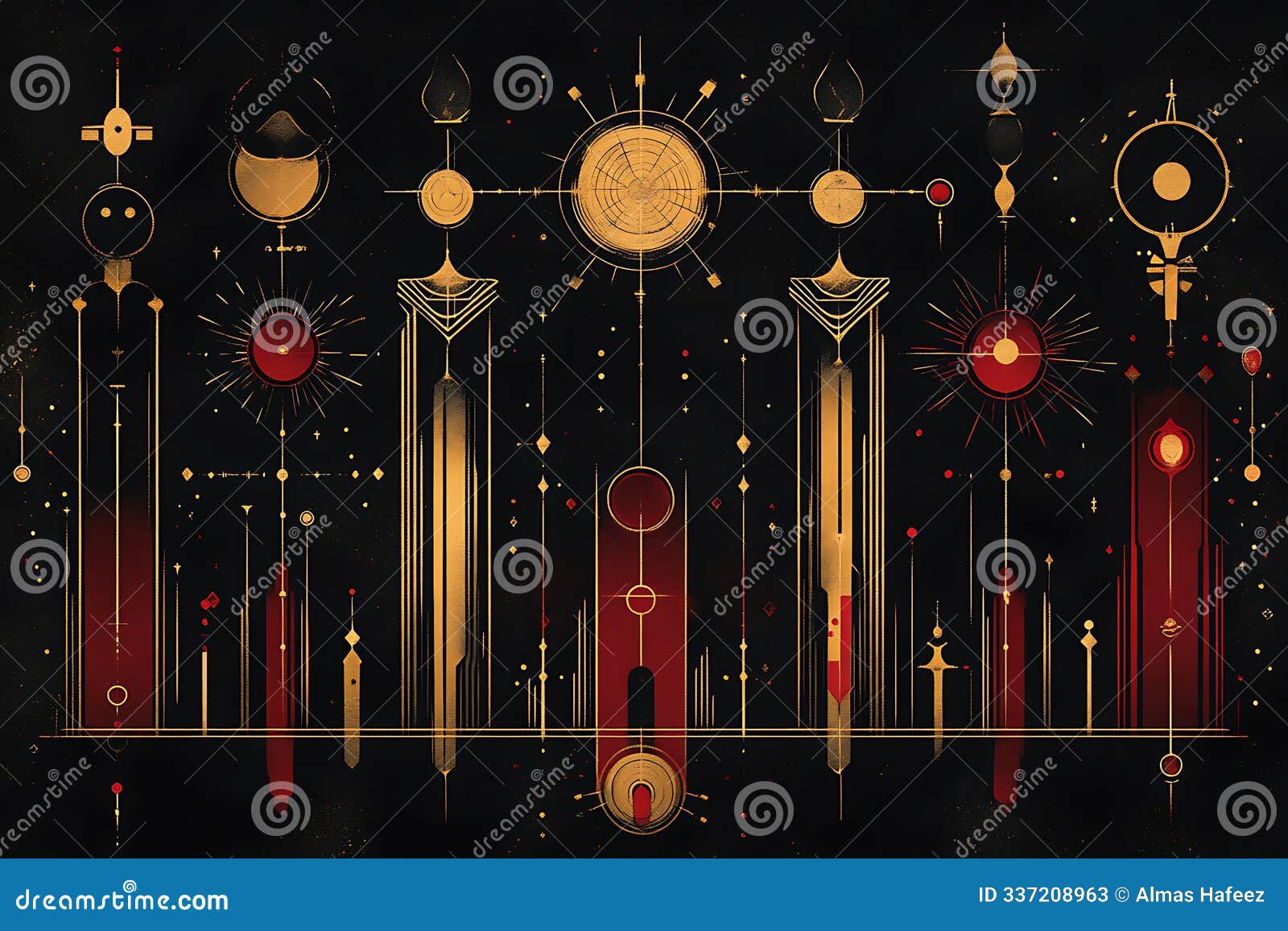 flat graphic retro poster in golden, red, and black with diverse s