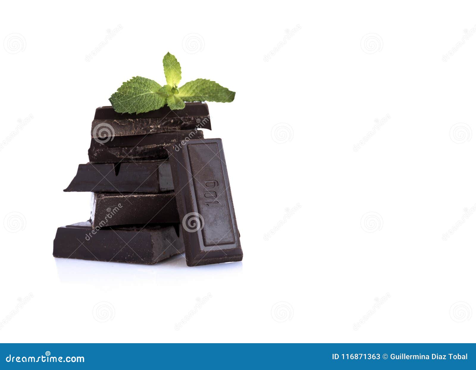 black chocolate and mint leaves  on white background.