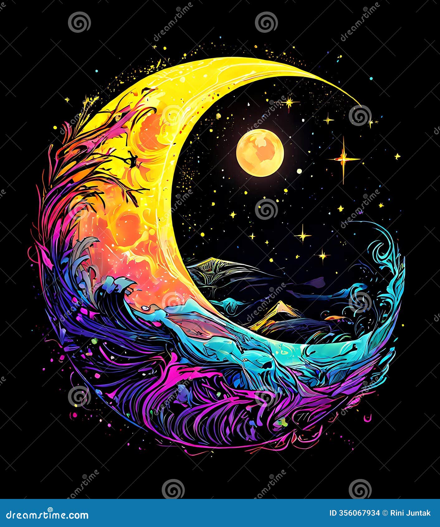 a shattered moon illustrated with intricate hand-drawn linework, .