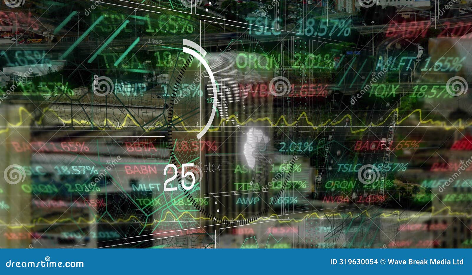 image of interface and stock market data processing over globe against aerial view of cityscape