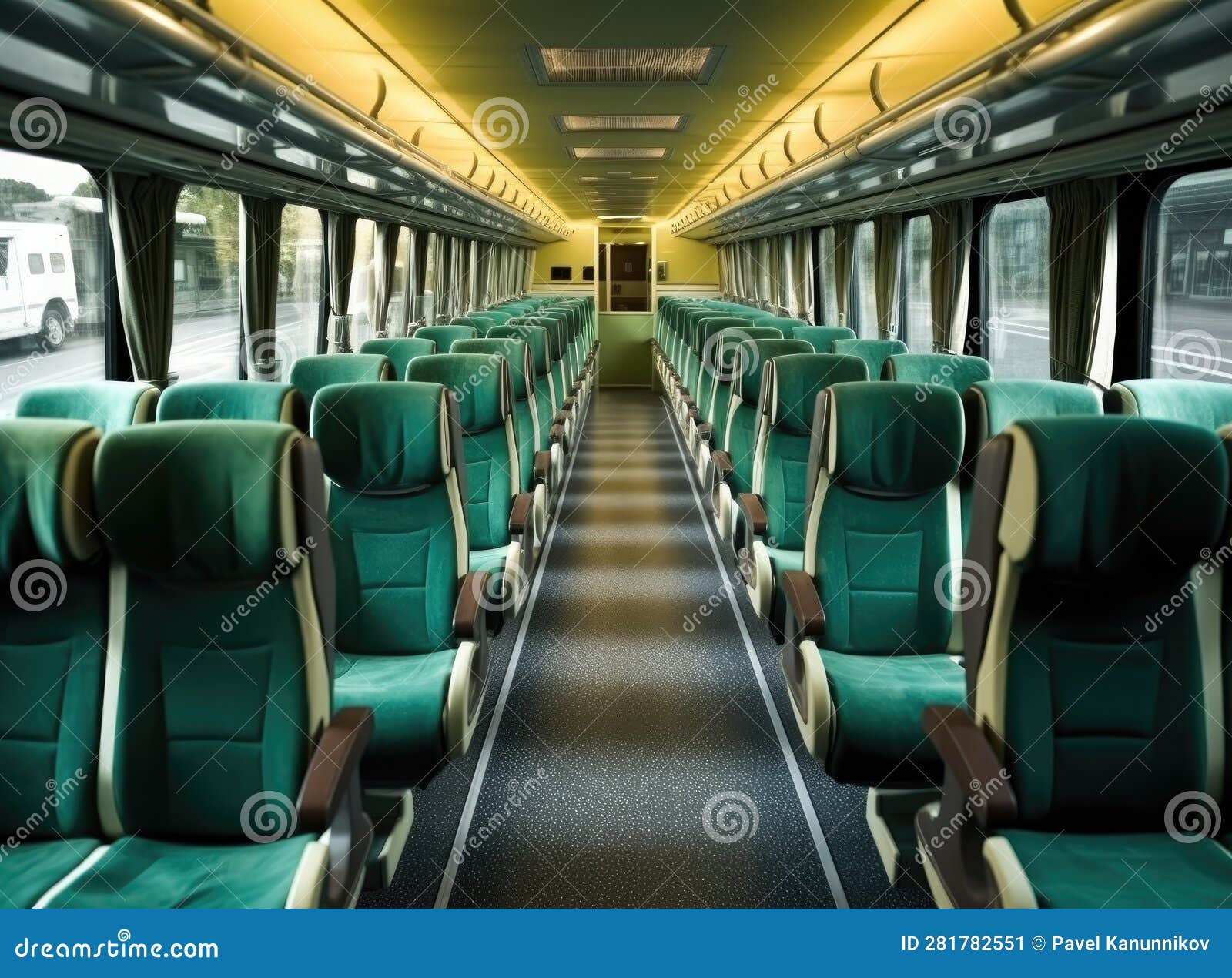 image with the interior of border train. a odern train with comfortable and colorful chairs. created with generative ai technology