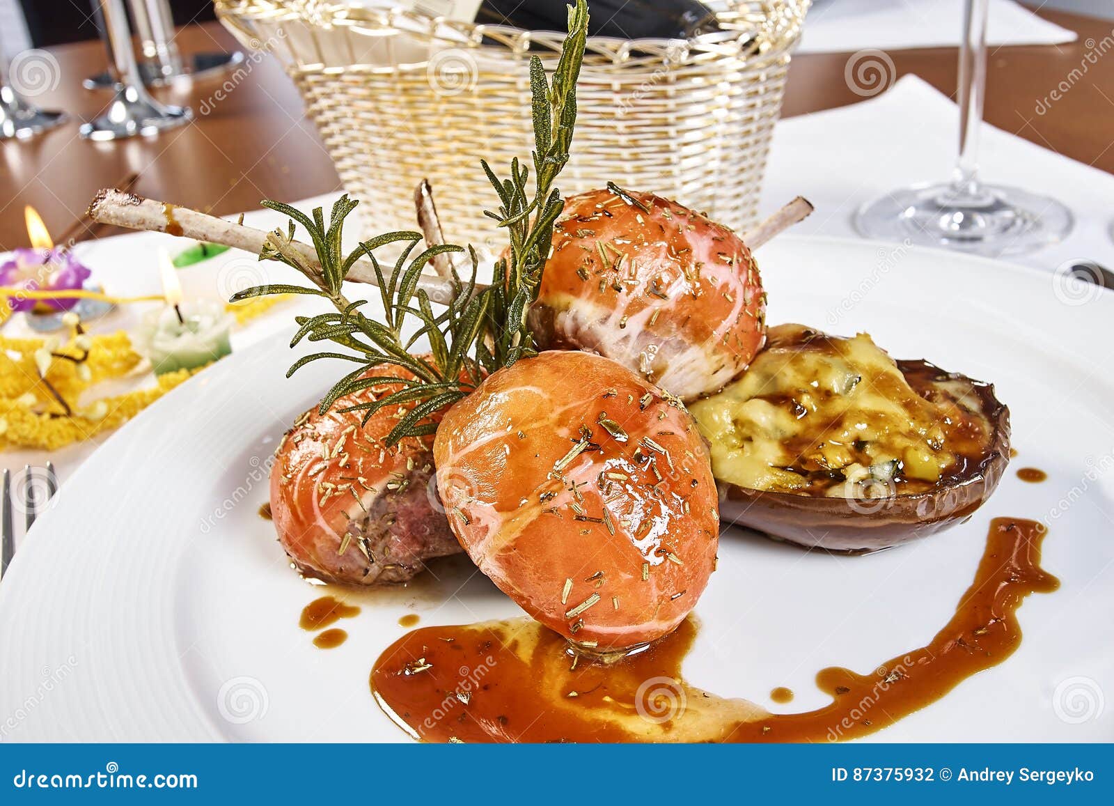 Image of Lamb Chops on a Bed of Vegetables Eggplant Stuffed with Vegetables Stock Photo Image