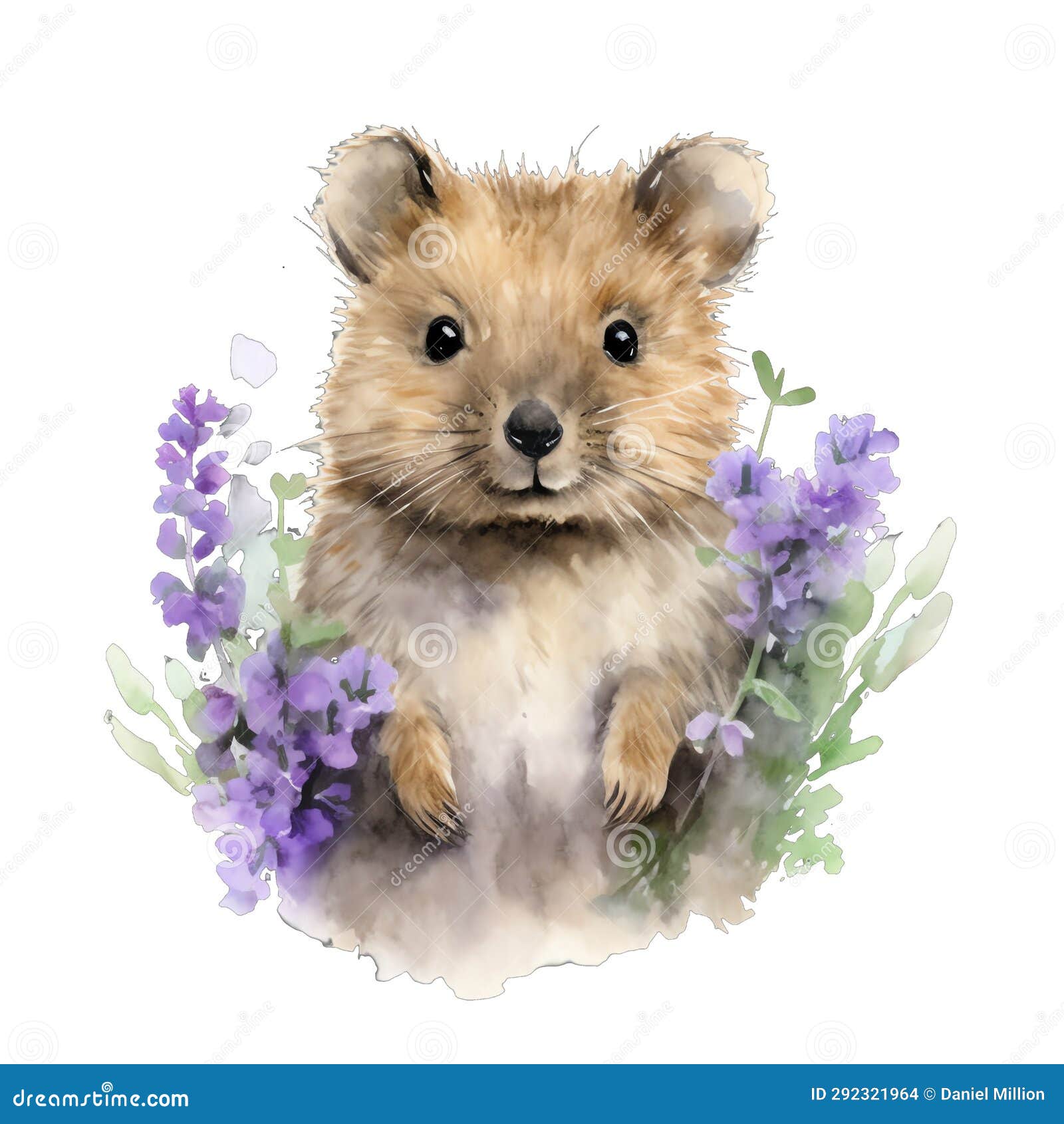 Lavender Hamster Watercolor Illustration, Lavender Clipart Stock