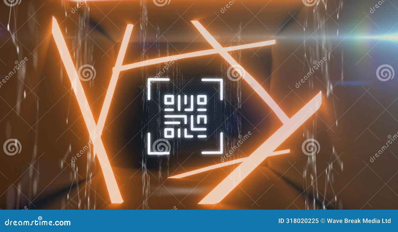 image of lens flare, connected dots forming geometric s and qr code in abstract pattern