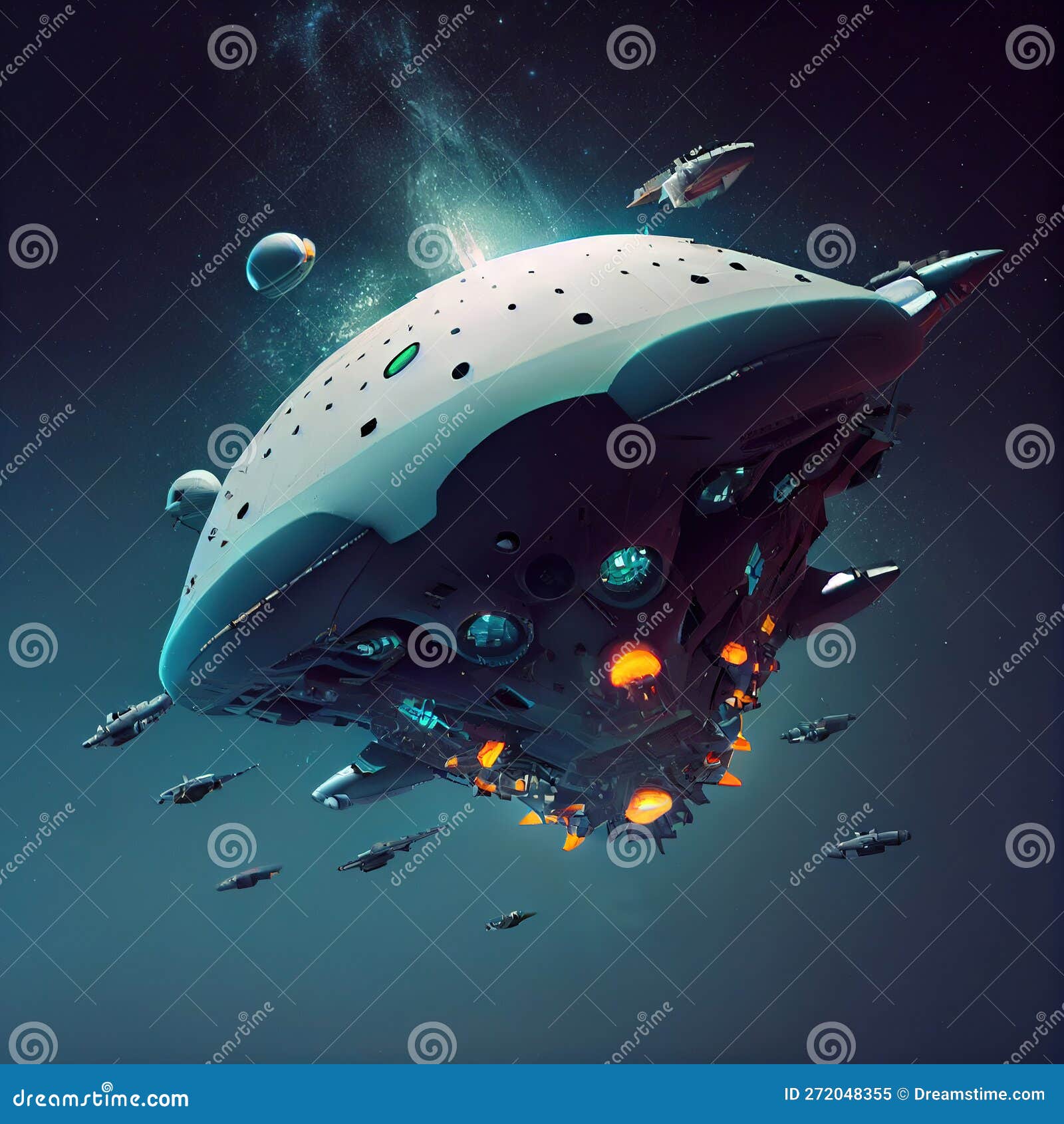 galactic command: a futuristic carrier spaceship and interceptors displaying in outer space