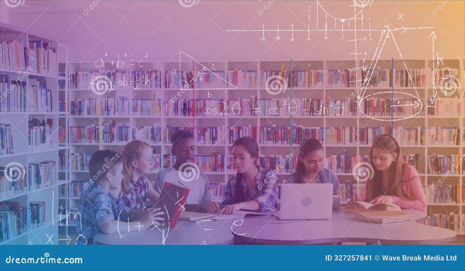 image of math formulas over diverse pupils using laptops