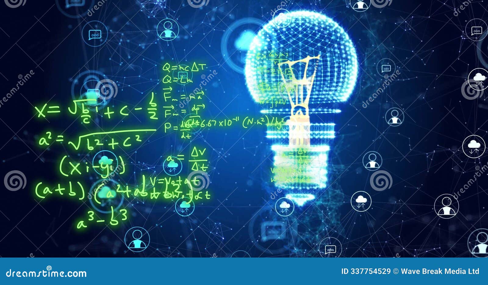 image of mathematical equations over light bulb, data icons and networks on dark background