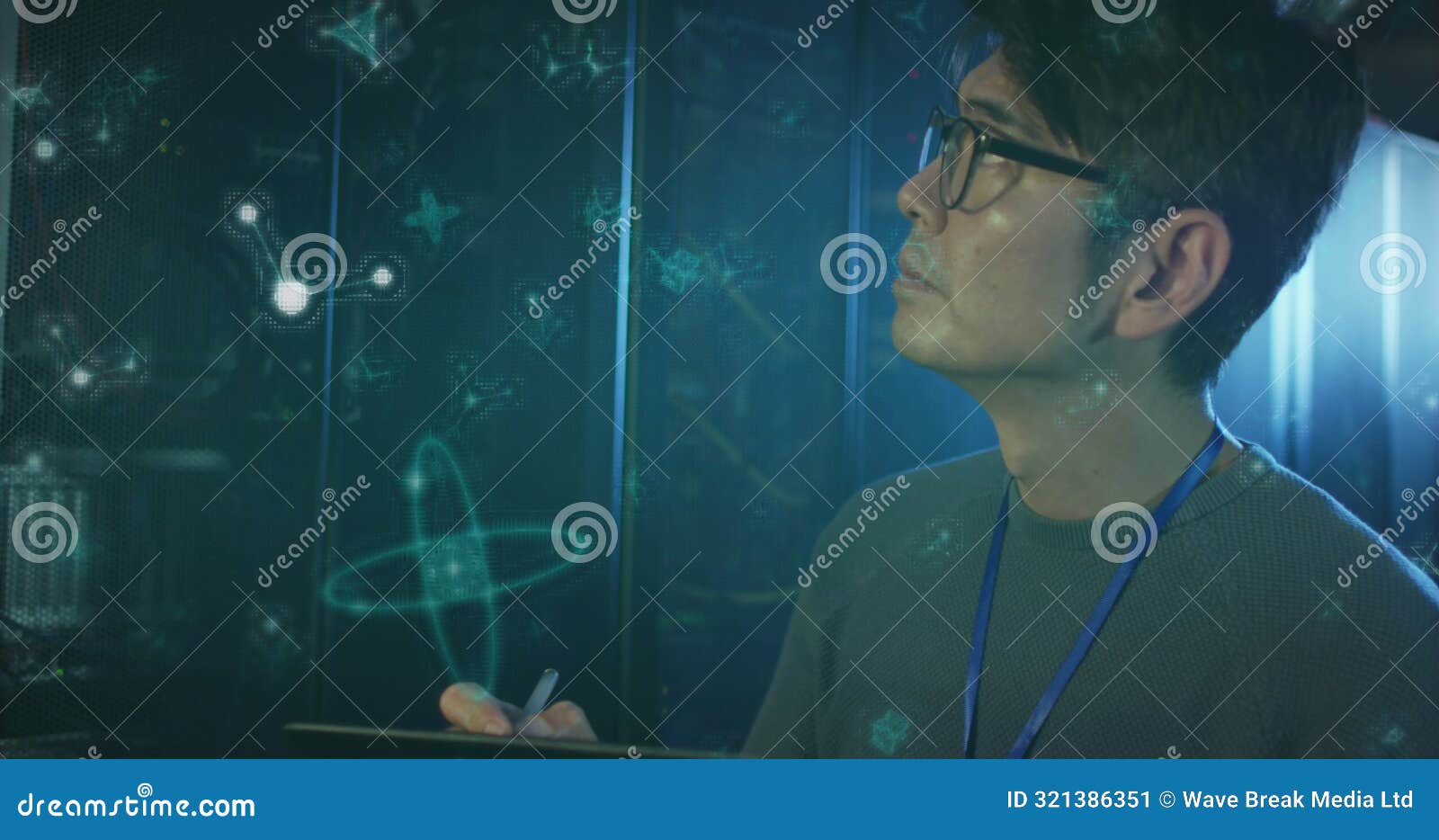 image of molecule structures, asian man checking data server using digital tablet in server room