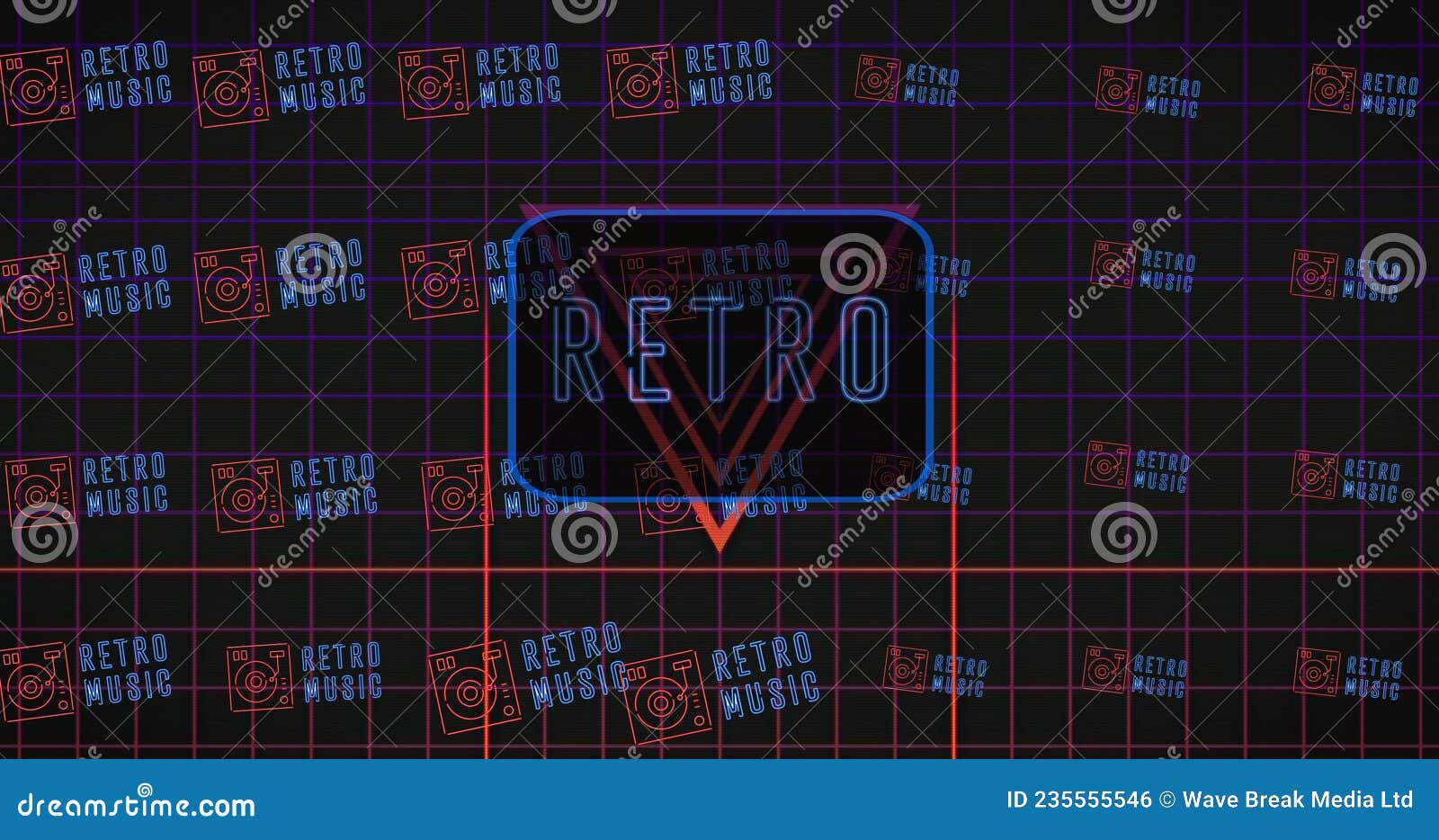 image of moving retro text in neon letters over neon frame and grid