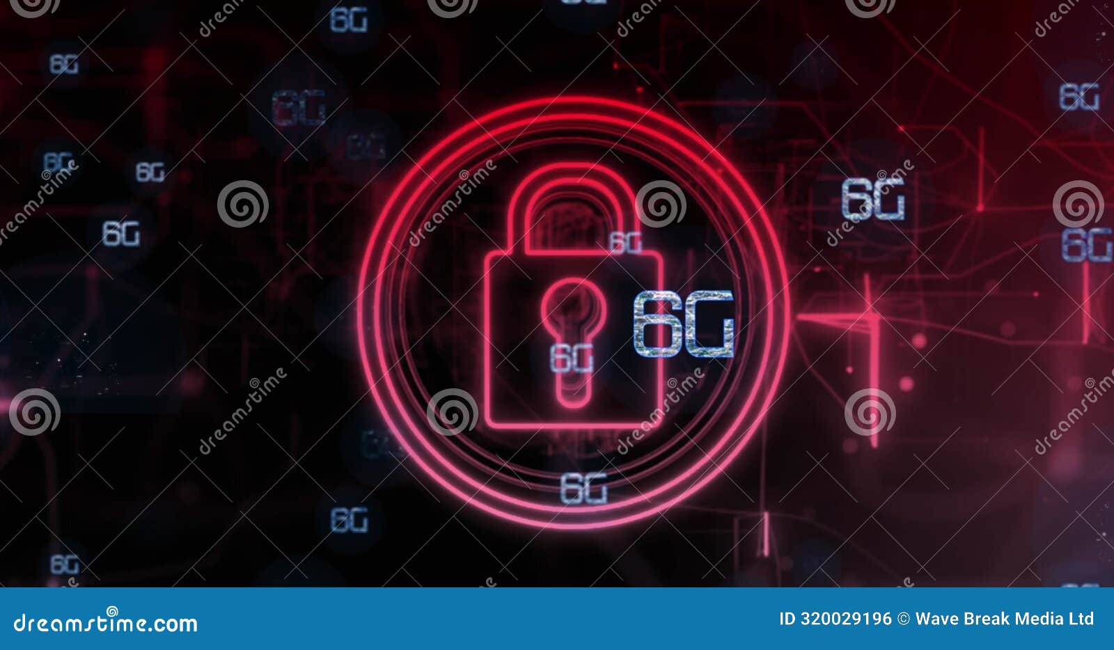 image of multiple 6g text banners and security padlock icons and red light trails