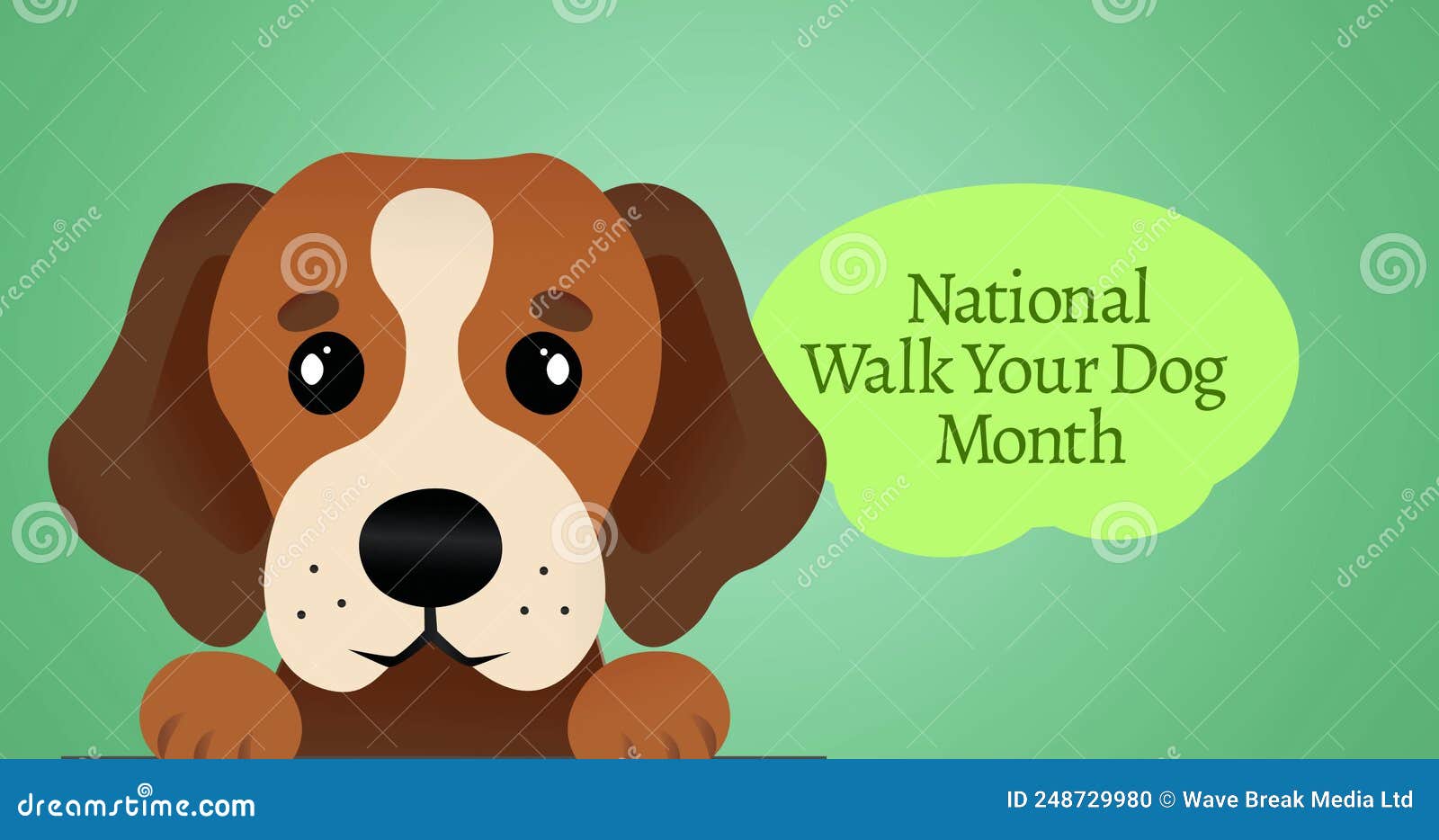 Image of National Walk Your Dog Month Text in Green, Over Illustration