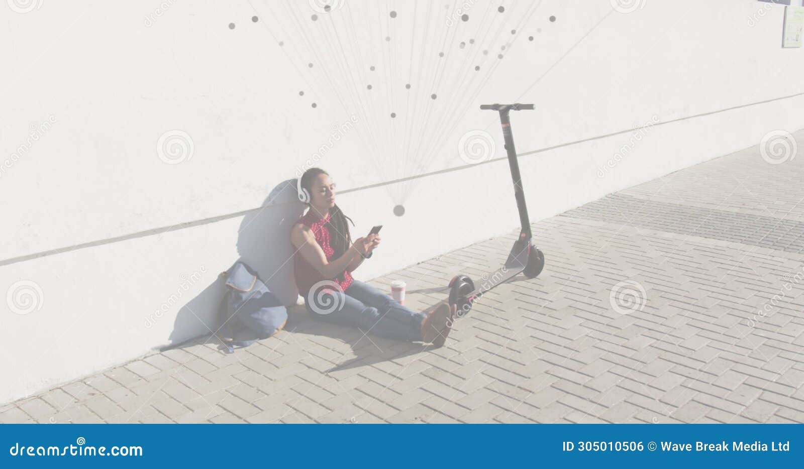 image of network of connections over woman listening to musci using smartphone