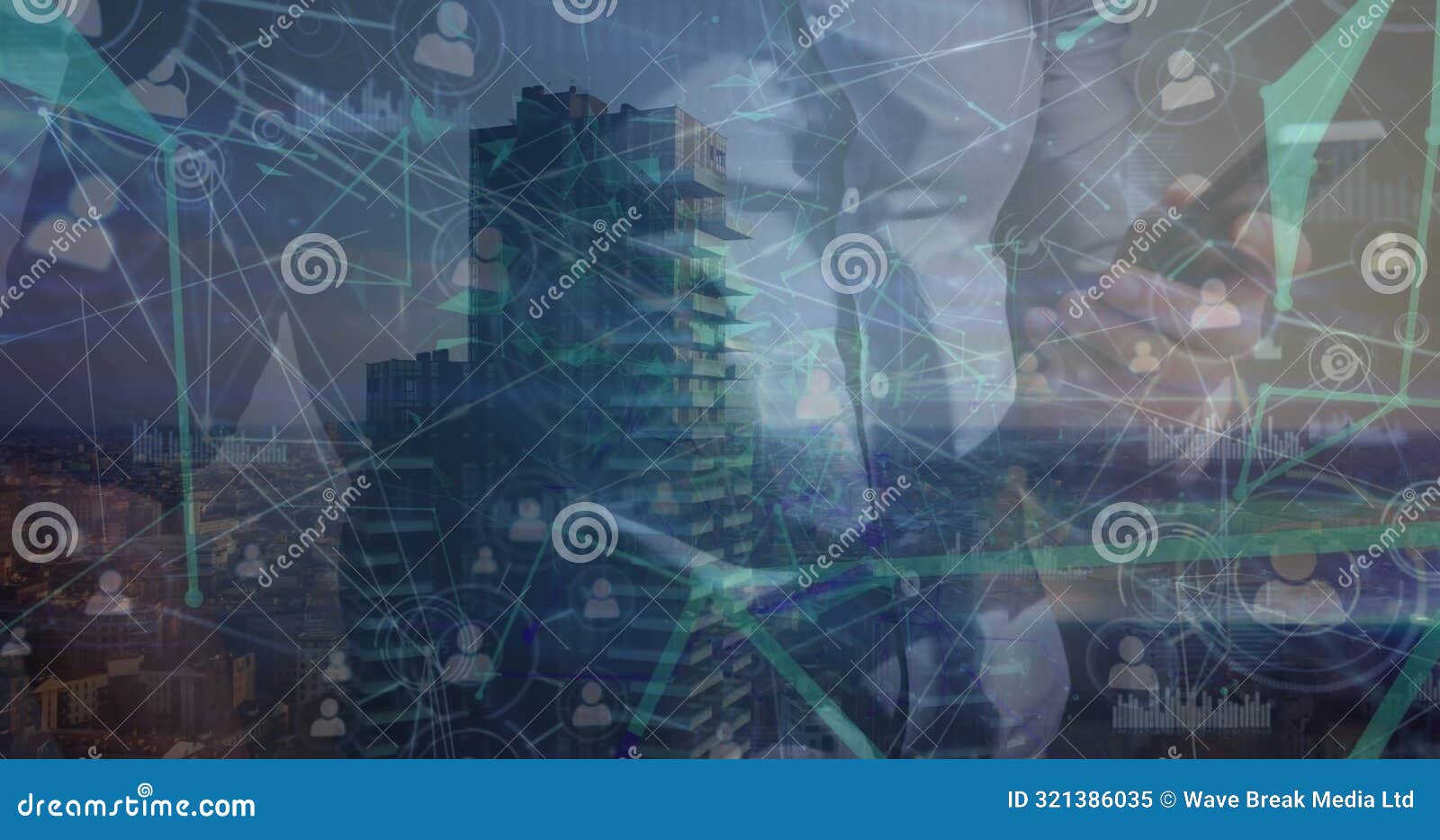 image of network of profile icons over mid section of a man using smartphone against cityscape