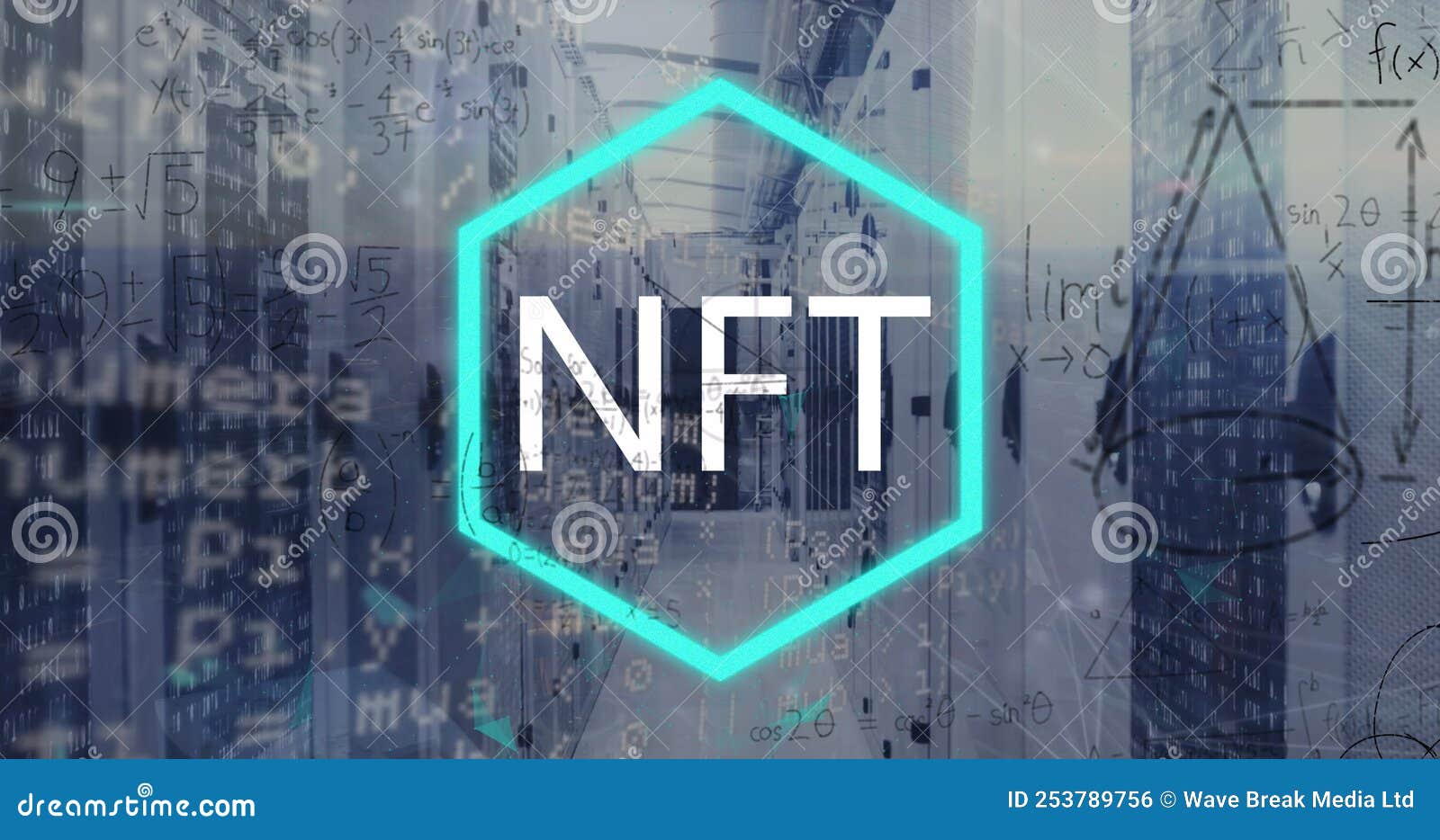 image of nft , maths calculatuions and processing data over computer server room