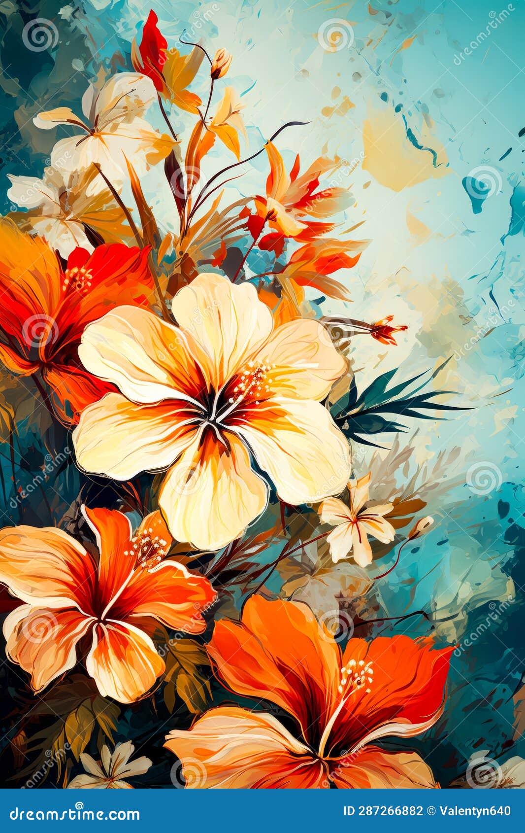 Image of Orange and White Flowers on Blue Background. Generative AI