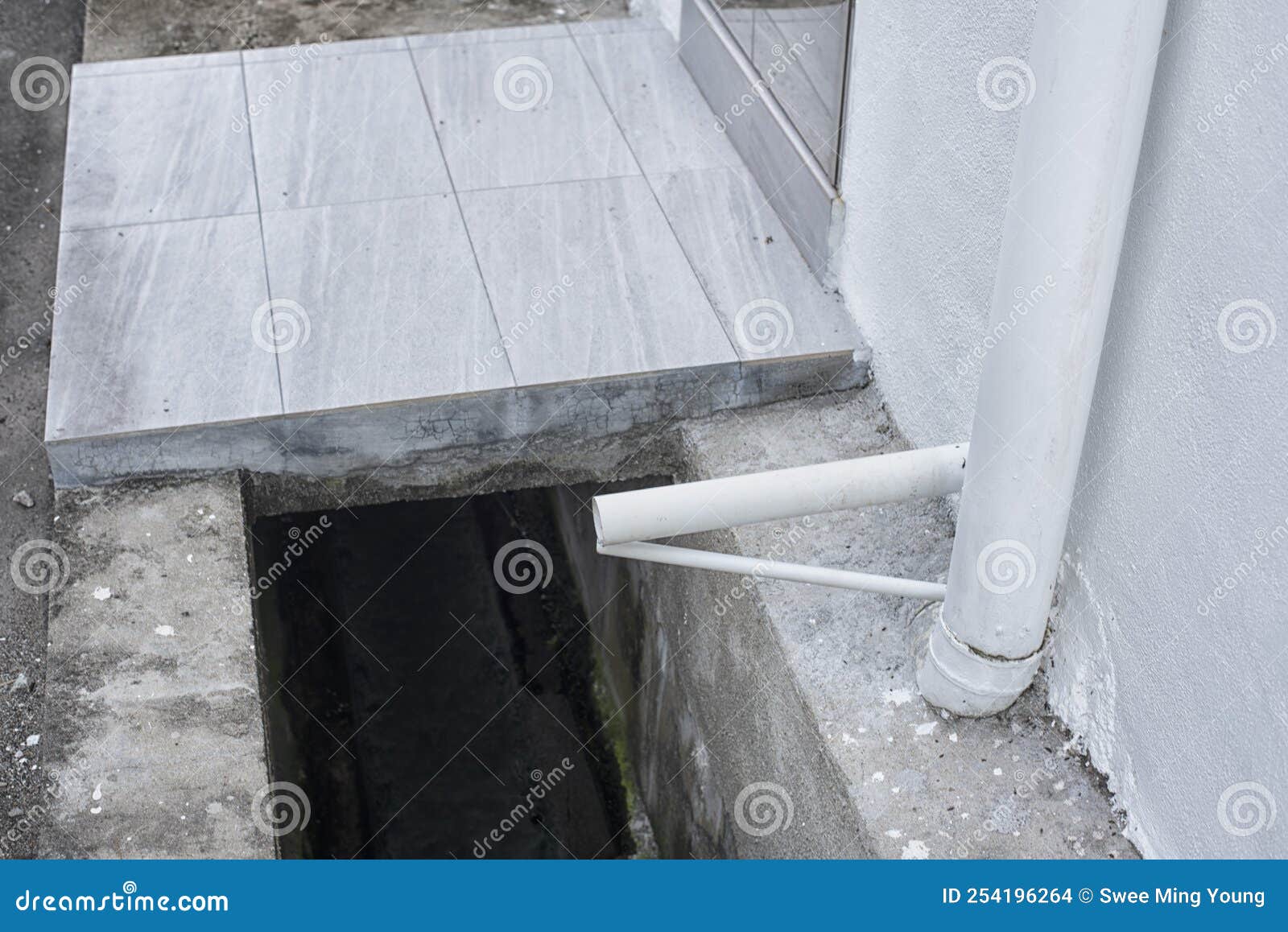 Outdoor Concrete Drainage System at the Residence Houses. Stock Photo